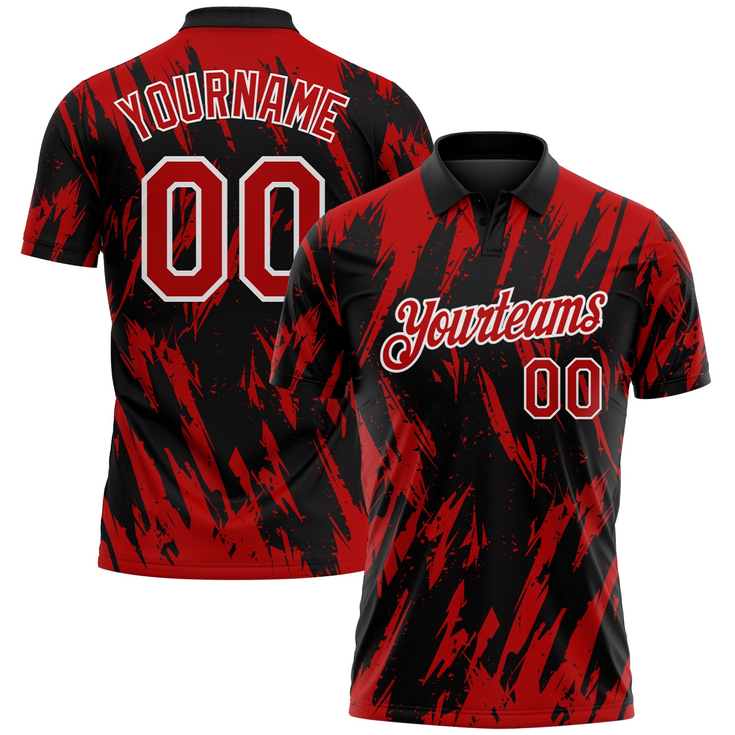 Custom Black Red-White Torn Sharp Brush Stroke Splatter Performance Polo Shirt