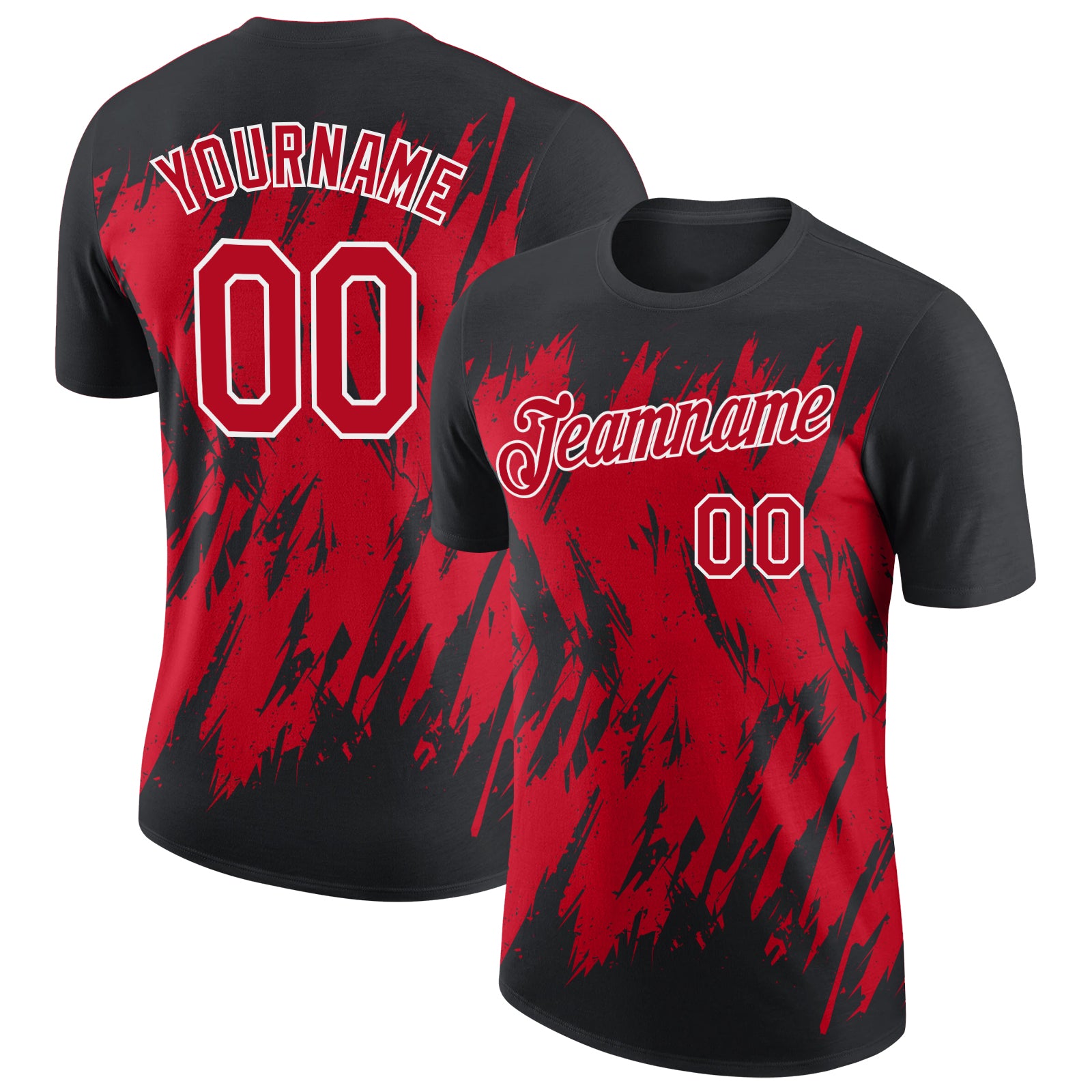Custom Black Red-White Torn Sharp Brush Stroke Splatter Performance T-Shirt