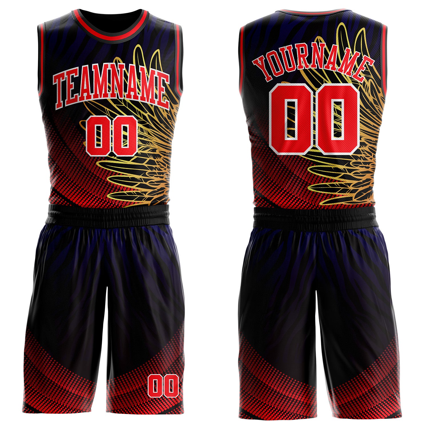 Custom Black Red Yellow Blue-White Wing Gradient Boho Style Round Neck Sublimation Basketball Uniform Jersey