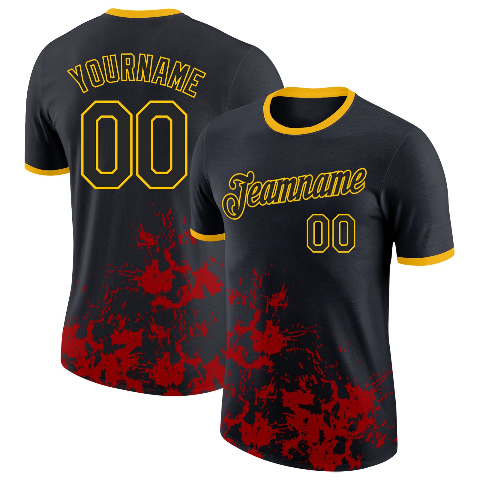 Custom Black Red-Yellow Brush Stroke Splatter Performance T-Shirt