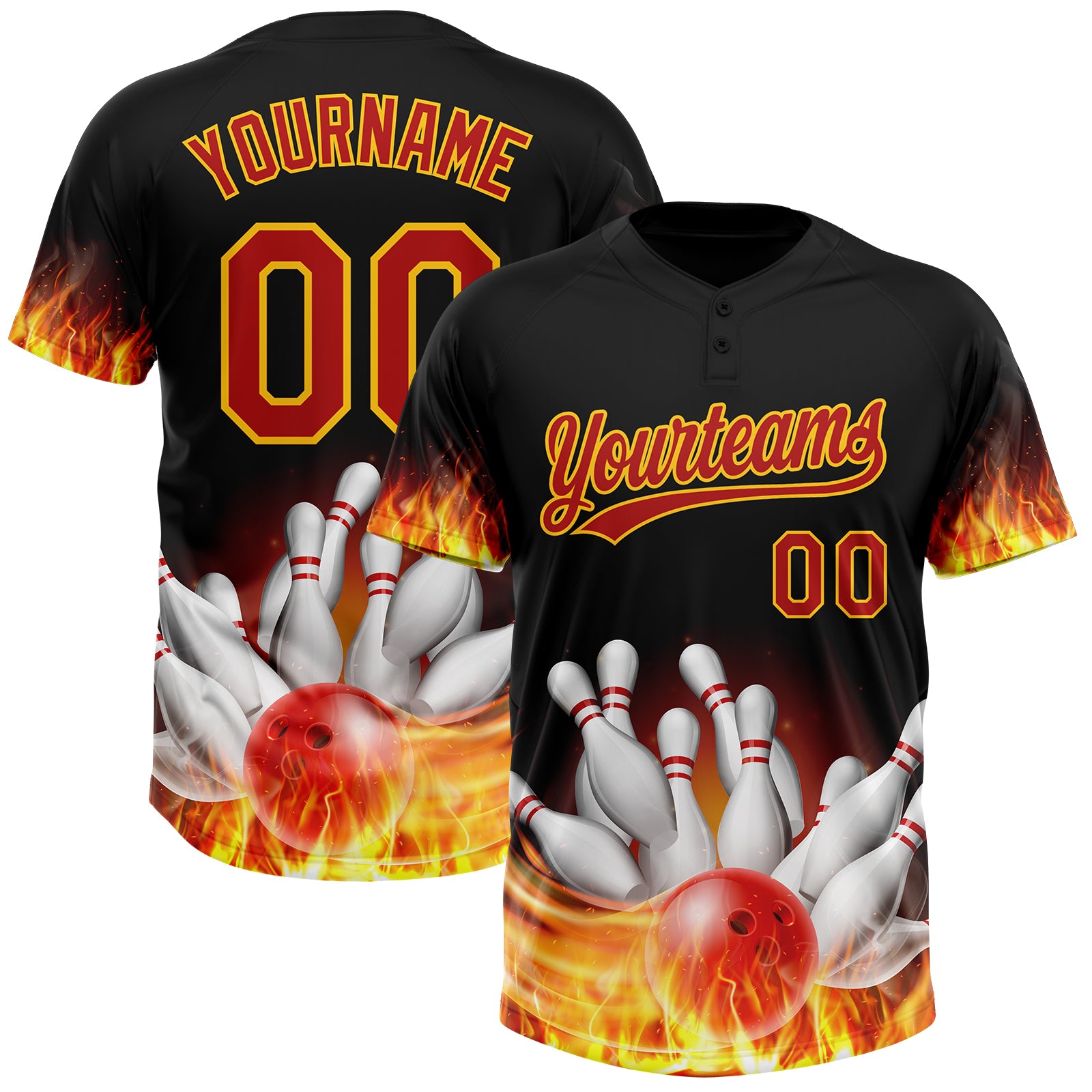 Custom Black Red-Yellow Flame Bowling 3D Pattern Design Two-Button Unisex Softball Jersey