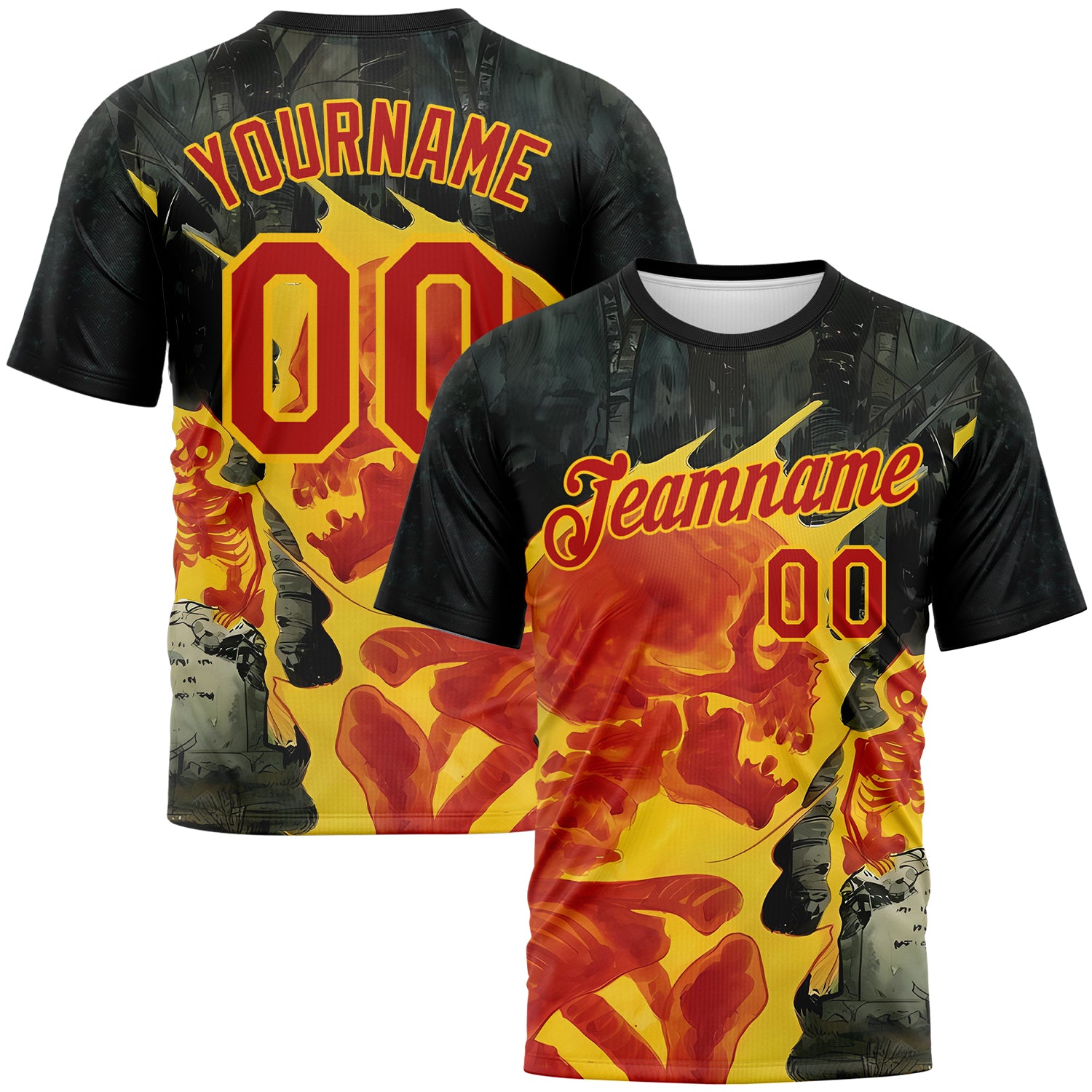 Custom Black Red-Yellow Skull Gothic Distressed Grunge Performance T-Shirt