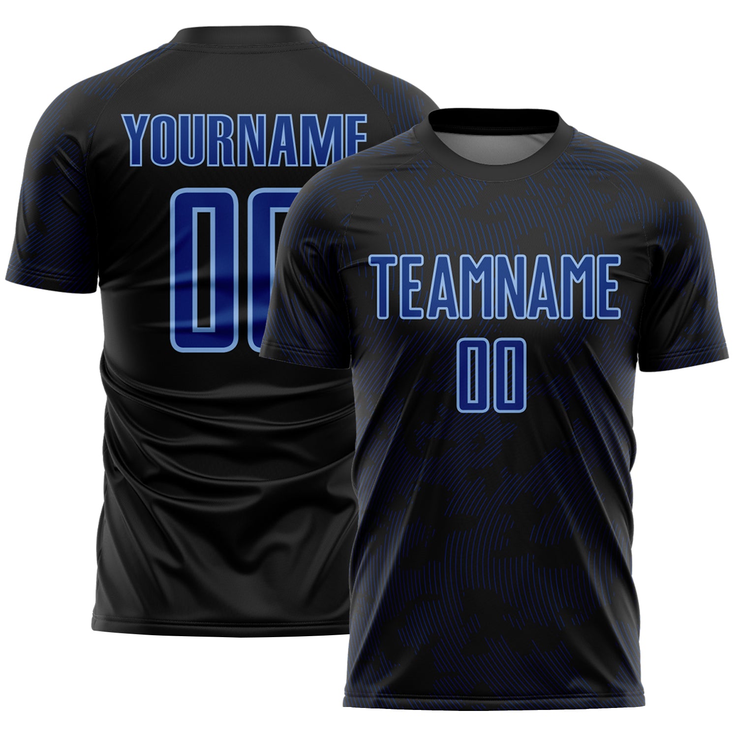 Custom Black Royal-Light Blue Curve Lines Sublimation Soccer Uniform Jersey