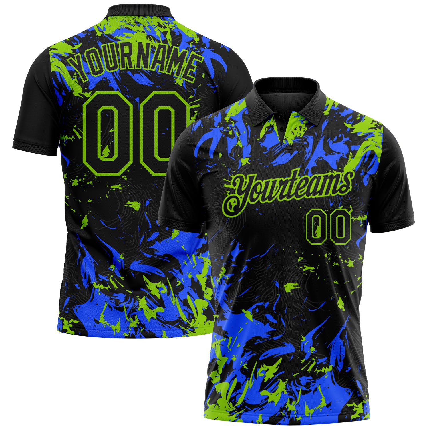 Custom Black Royal-Neon Green Dynamic Splatter Brush Stroke Performance Polo Shirt