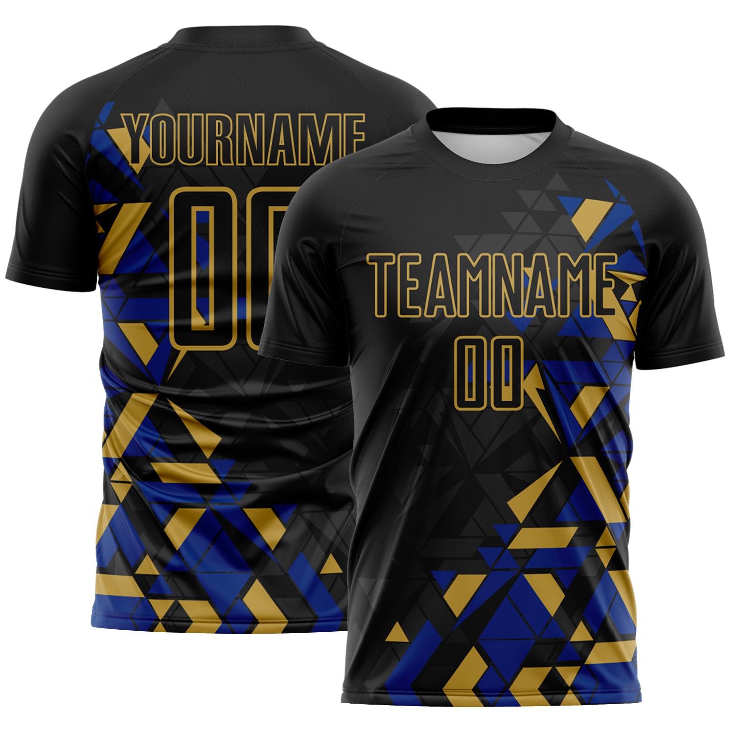 Custom Black Royal-Old Gold Geometric Grid Gradient Sublimation Soccer Uniform Jersey
