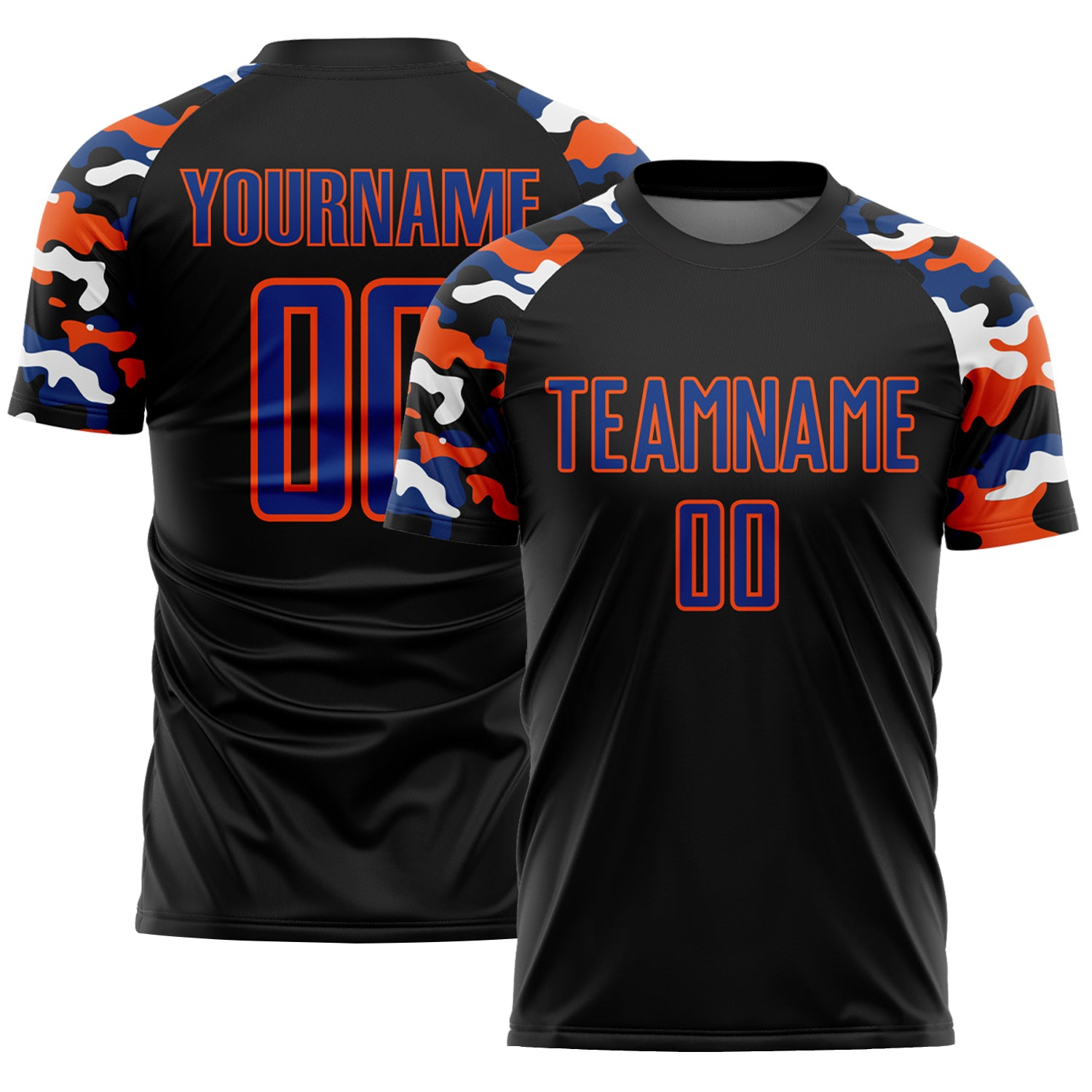 Custom Black Royal Orange-White Digital Camo Raglan Sleeves Sublimation Soccer Uniform Jersey