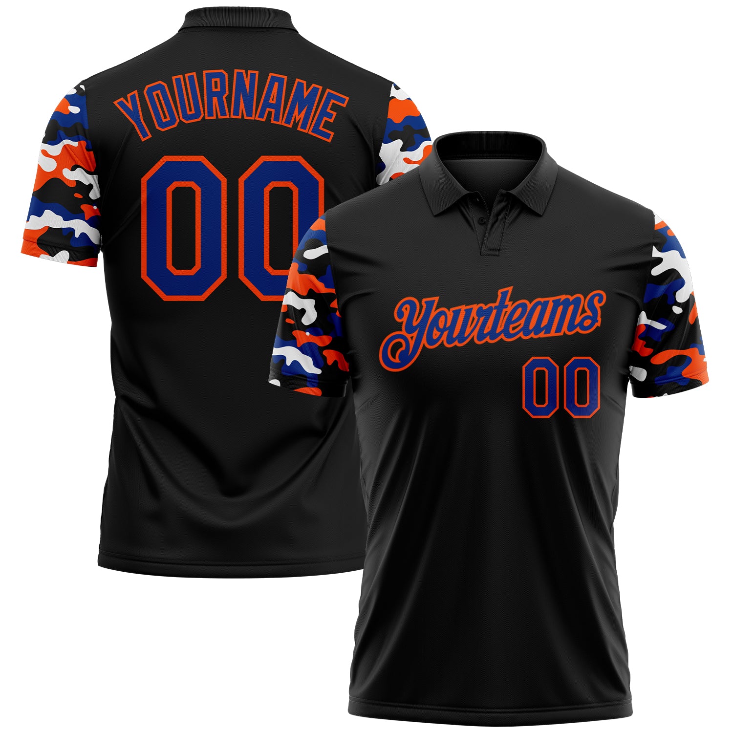 Custom Black Royal Orange-White Digital Camo Two Tone Performance Polo Shirt