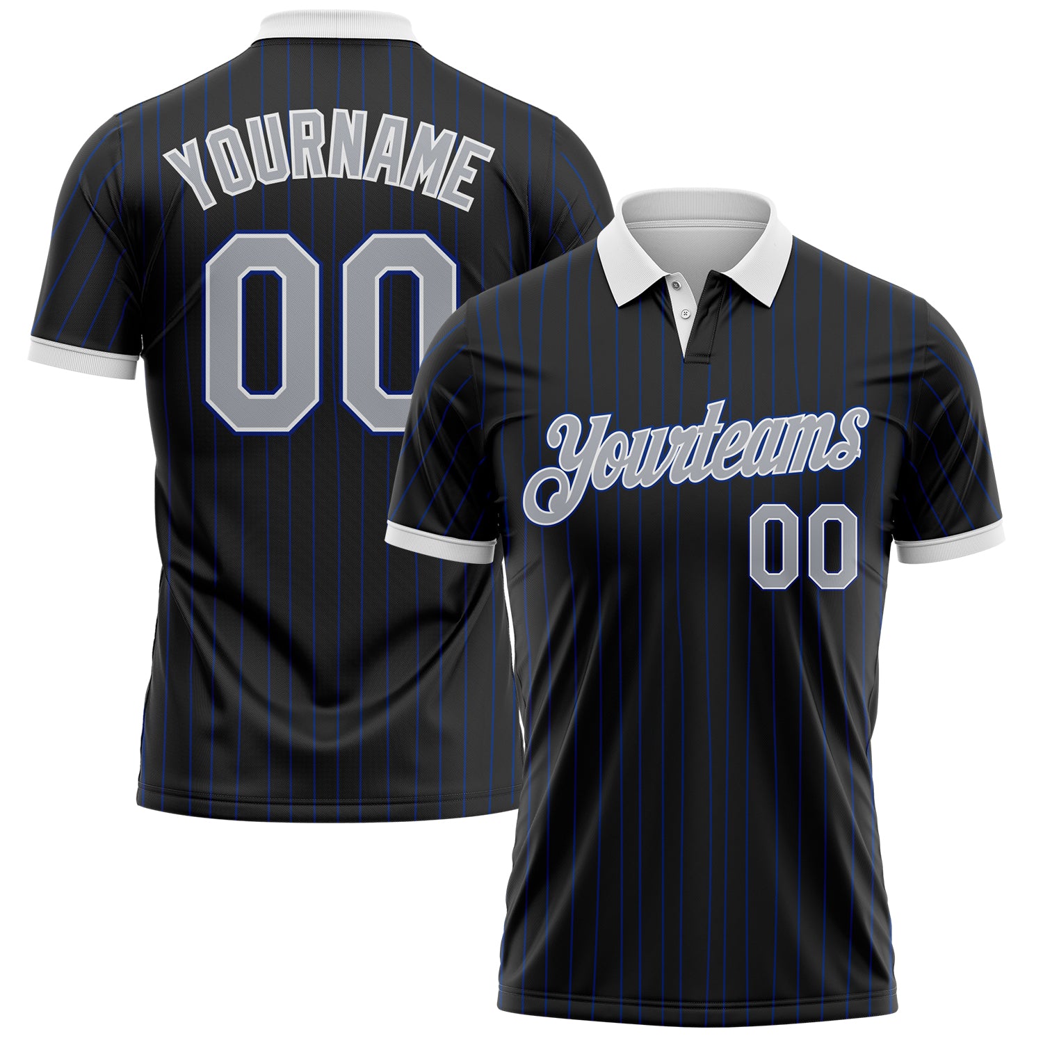 Custom Black Royal Pinstripe Gray-White Performance Polo Shirt