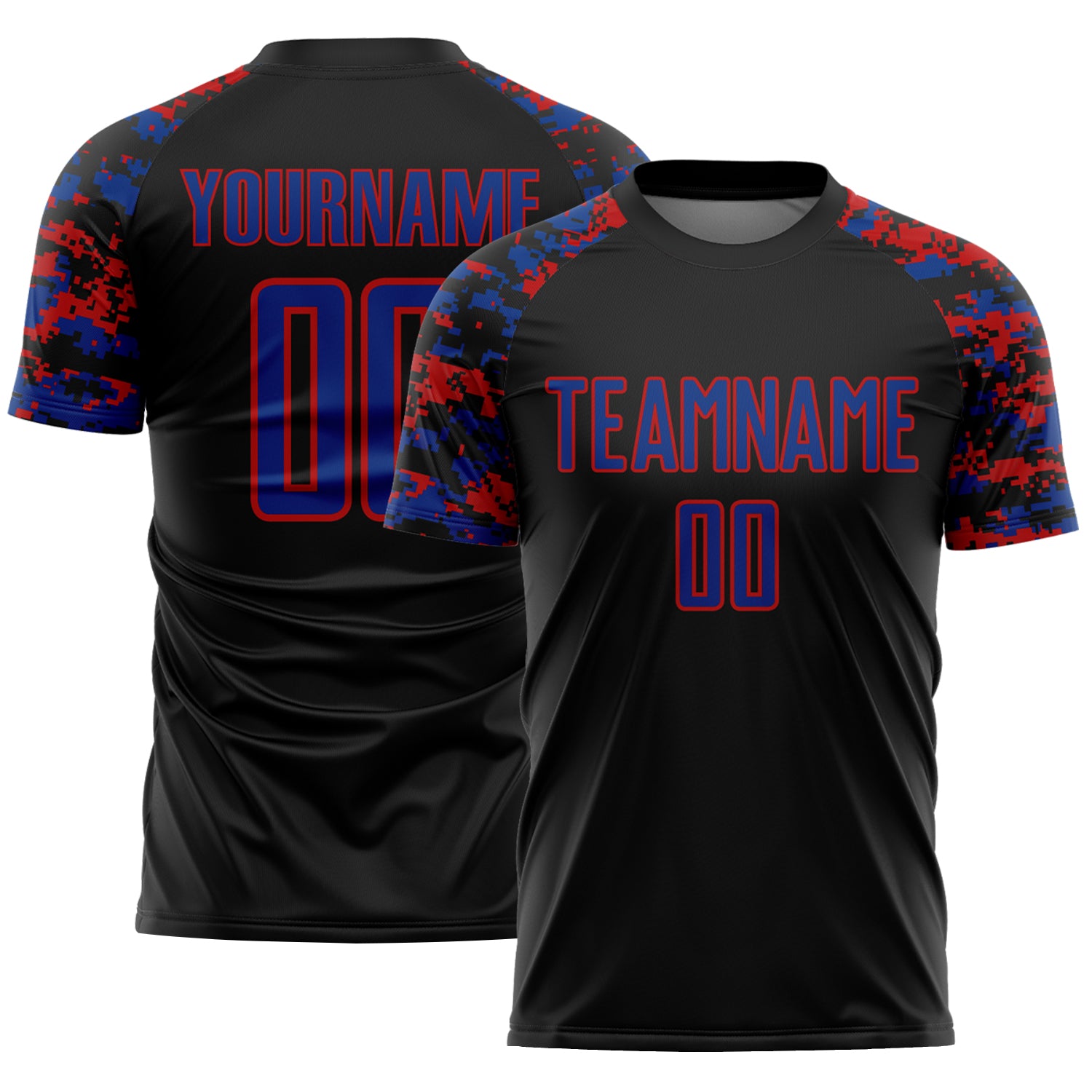 Custom Black Royal-Red Digital Camo Raglan Sleeves Sublimation Soccer Uniform Jersey