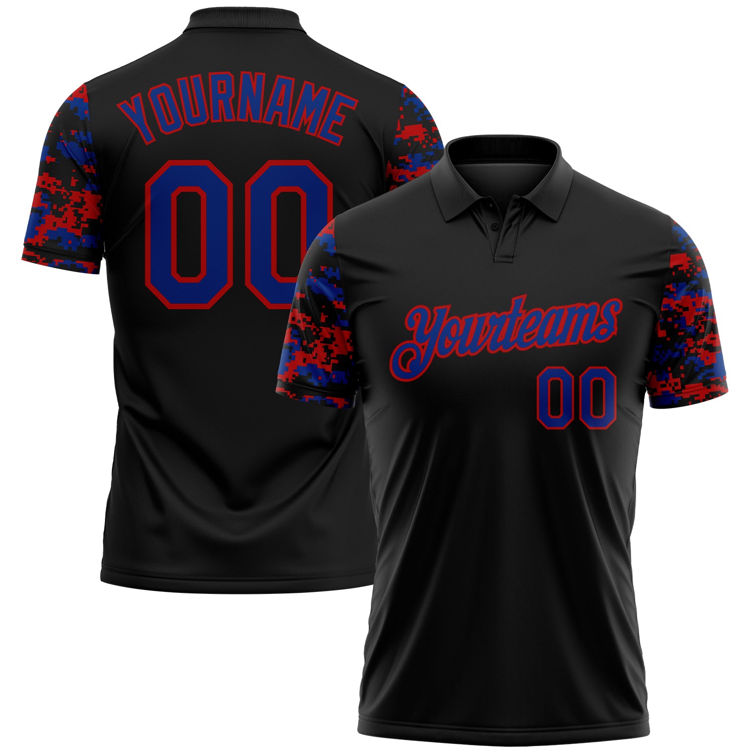 Custom Black Royal-Red Digital Camo Two Tone Performance Polo Shirt