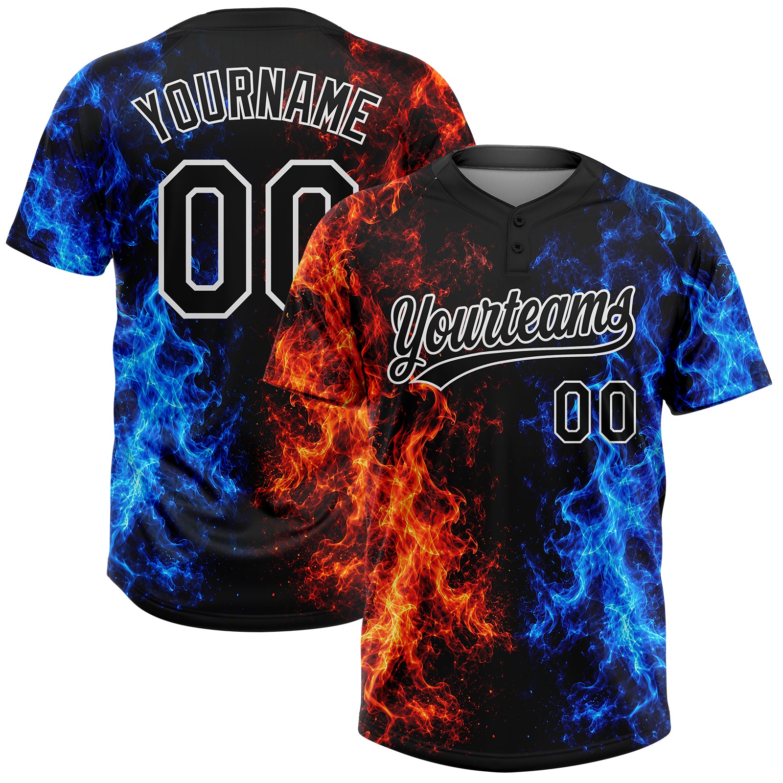 Custom Black Royal Red-White Fire Flame 3D Pattern Two-Button Unisex Softball Jersey