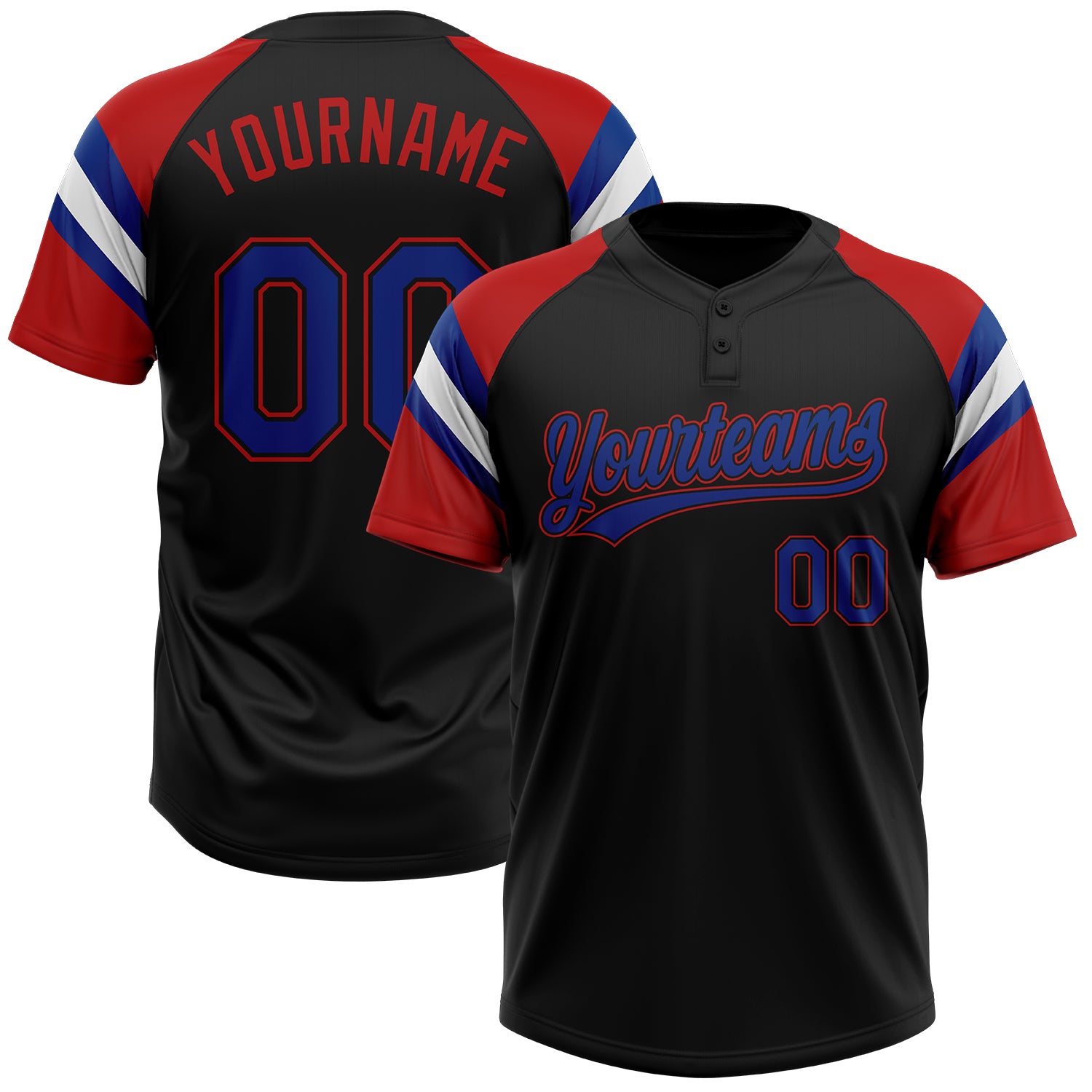 Custom Black Royal Red-White Raglan Sleeves Stripes Two-Button Unisex Softball Jersey