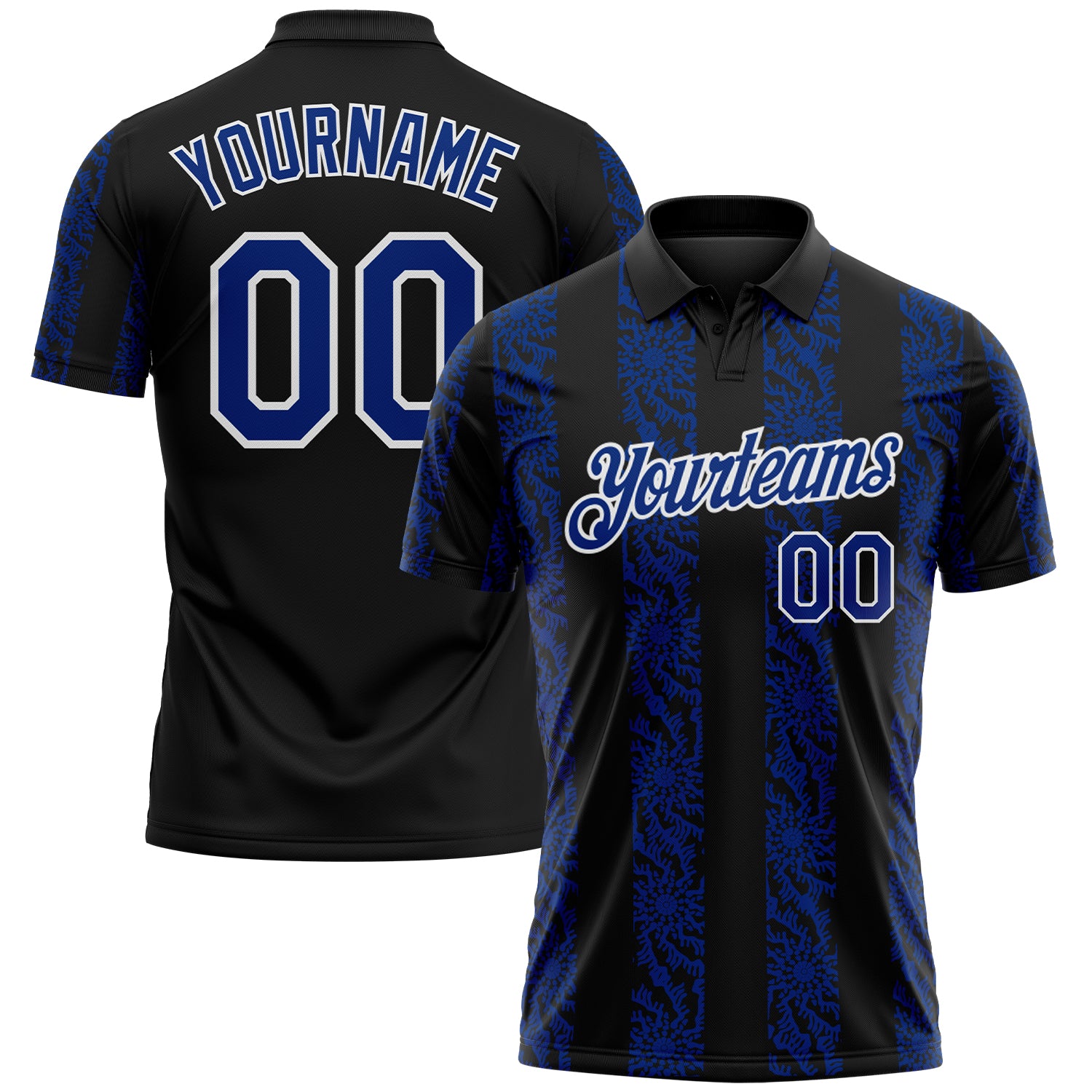 Custom Black Royal-White 3D Pattern Abstract Floral Stripe Tribal Performance Polo Shirt
