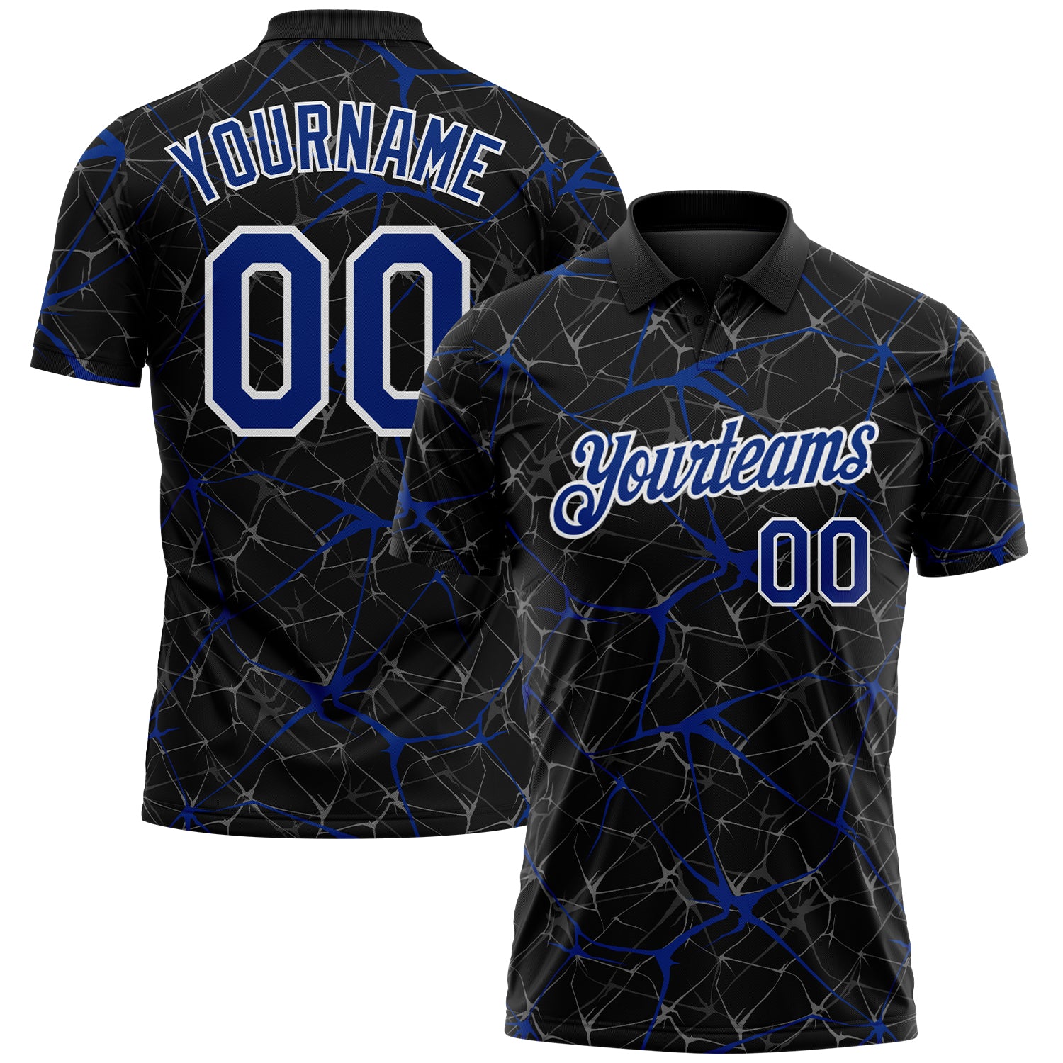 Custom Black Royal-White 3D Pattern Abstract Network Crackle Performance Polo Shirt