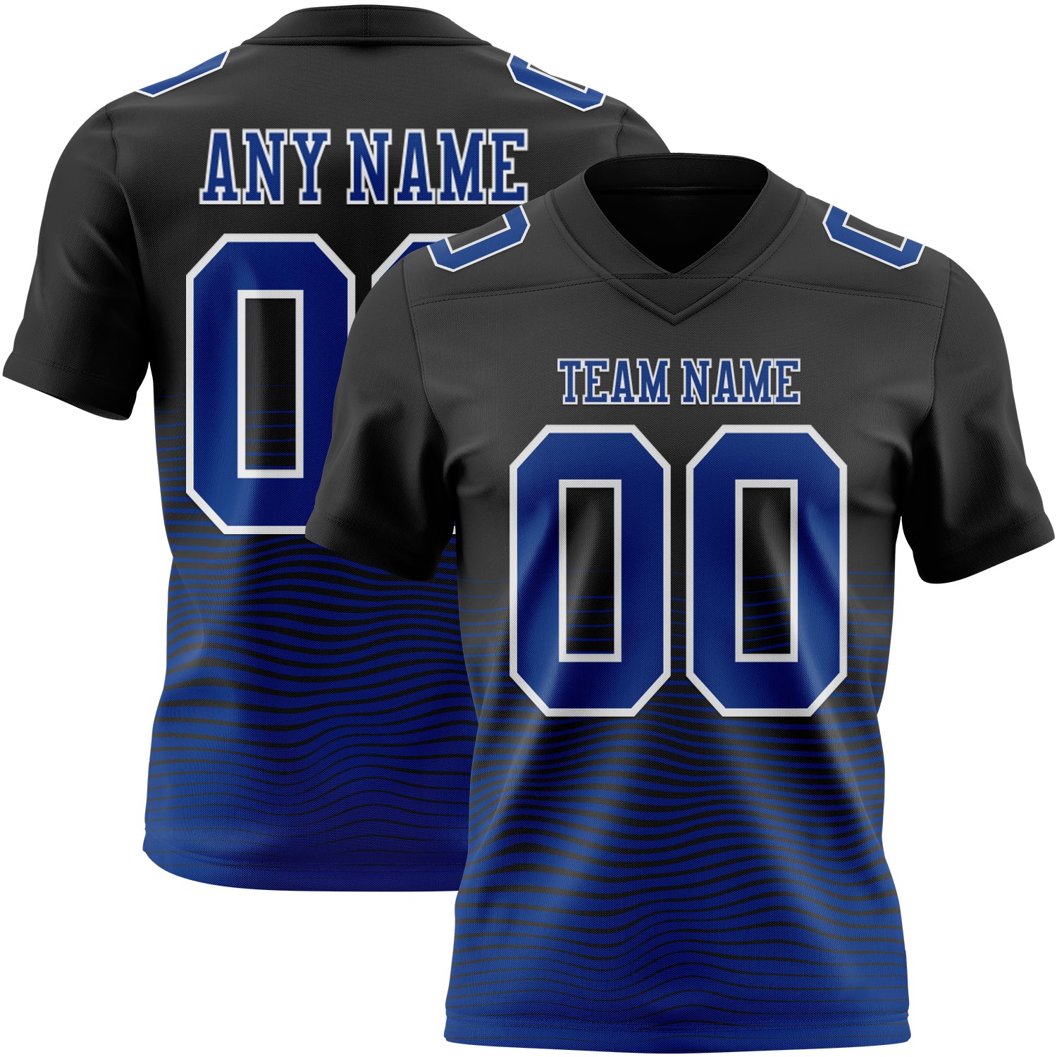 Custom Black Royal-White Authentic Fluid Wave Line Fade 7V7 Flag Football Jersey