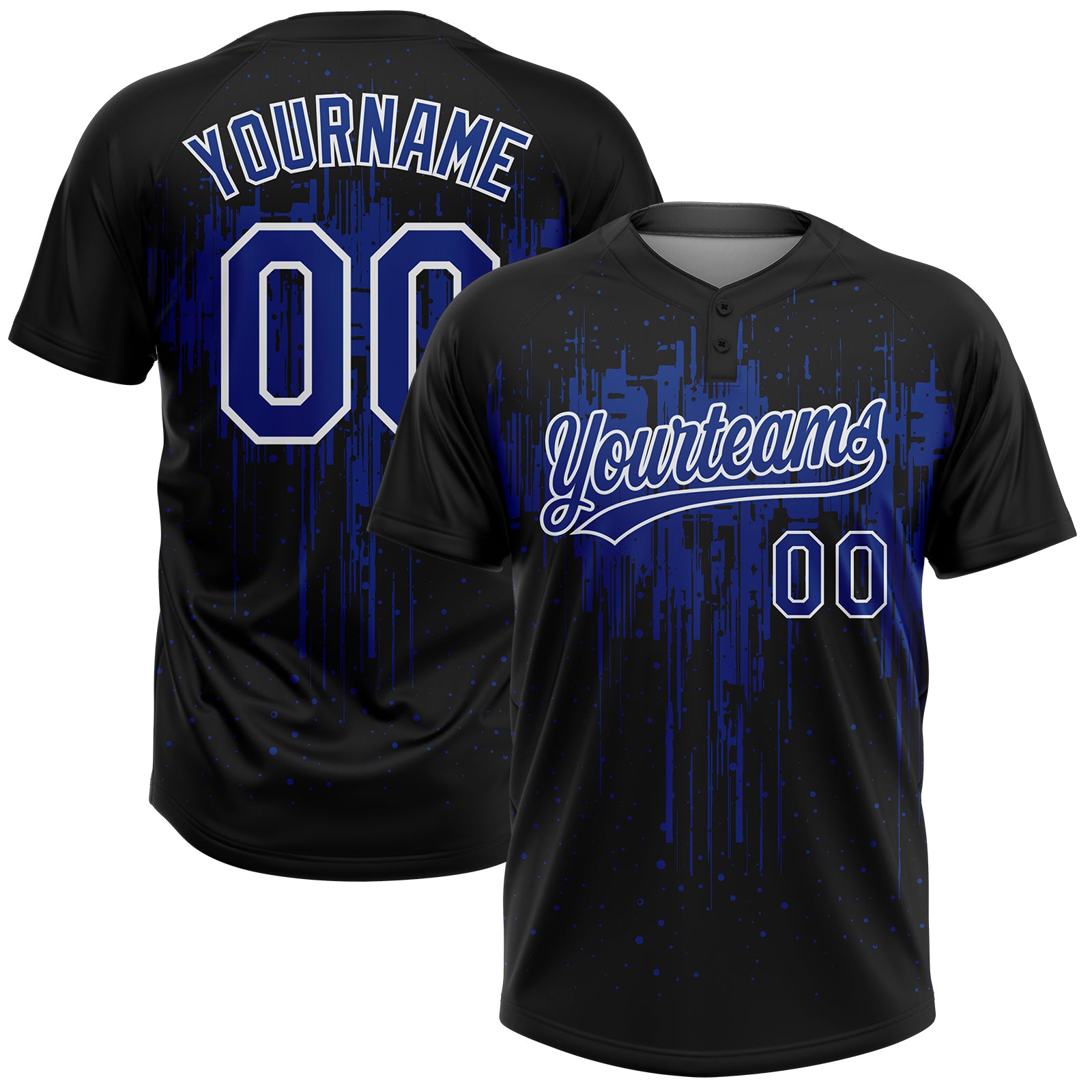 Custom Black Royal-White Dripping Splatter Paint Two-Button Unisex Softball Jersey