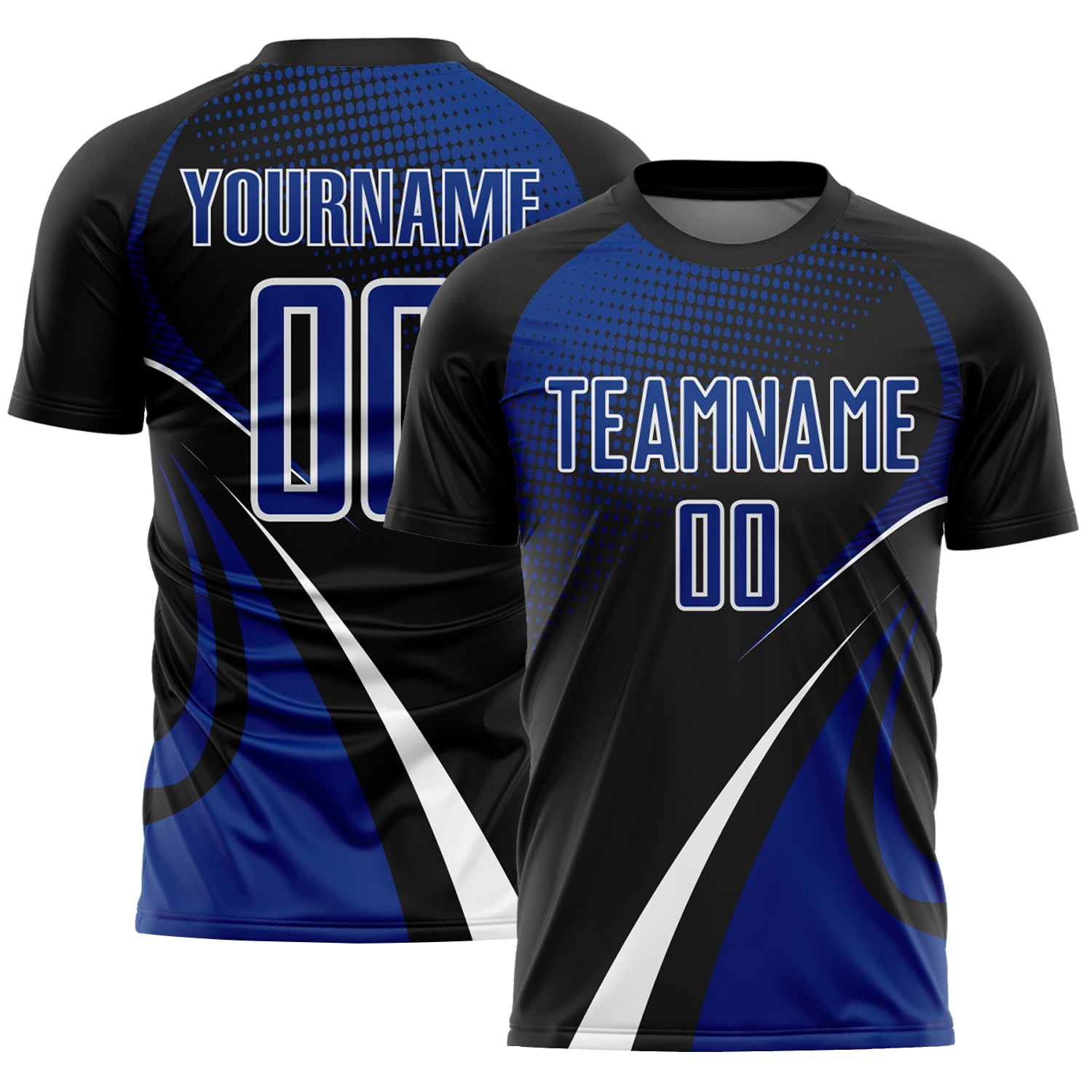 Custom Black Royal-White Halftone Dot Dynamic Curve Stripe Sublimation Soccer Uniform Jersey