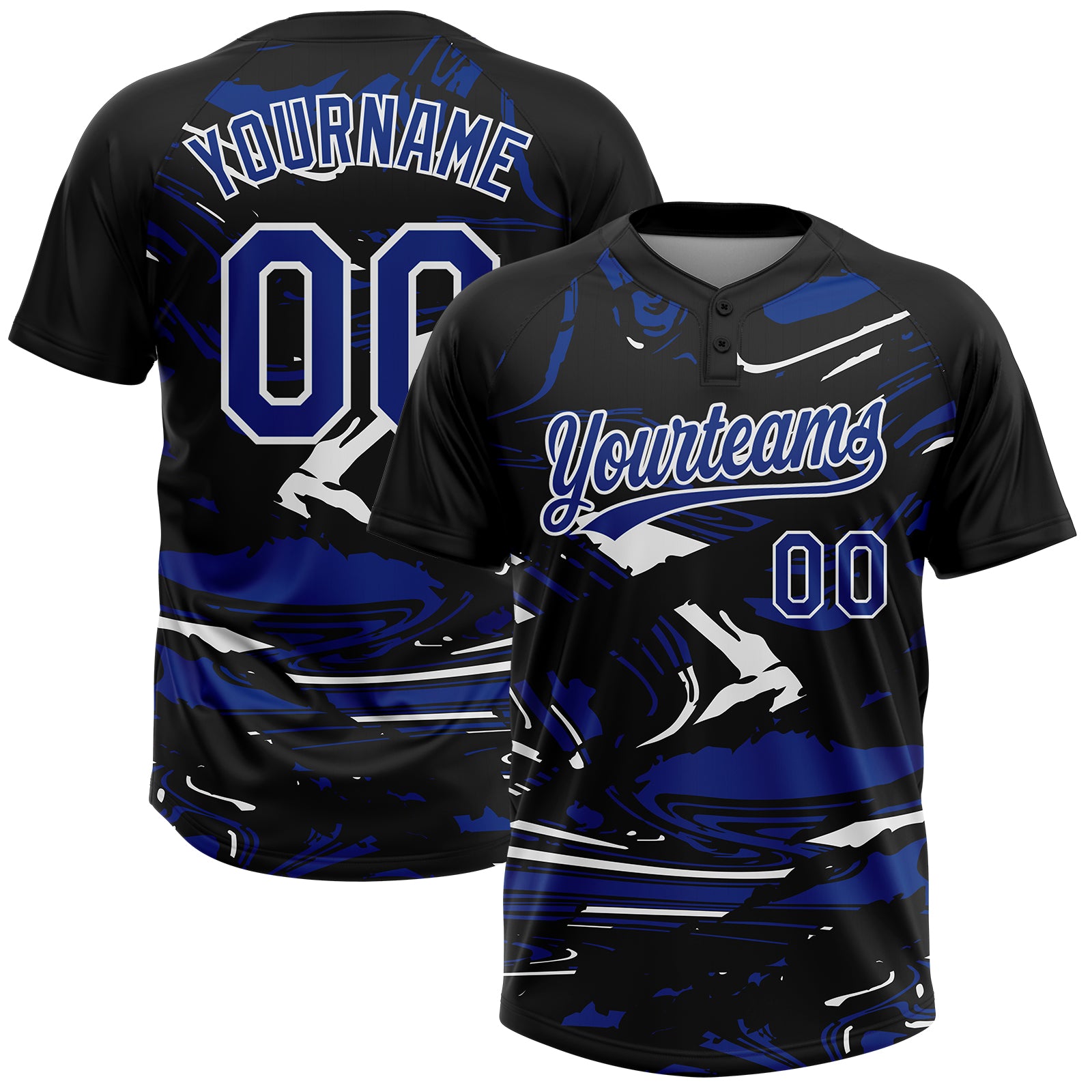 Custom Black Royal-White Raglan Sleeves Abstract Fluid Marble Two-Button Unisex Softball Jersey