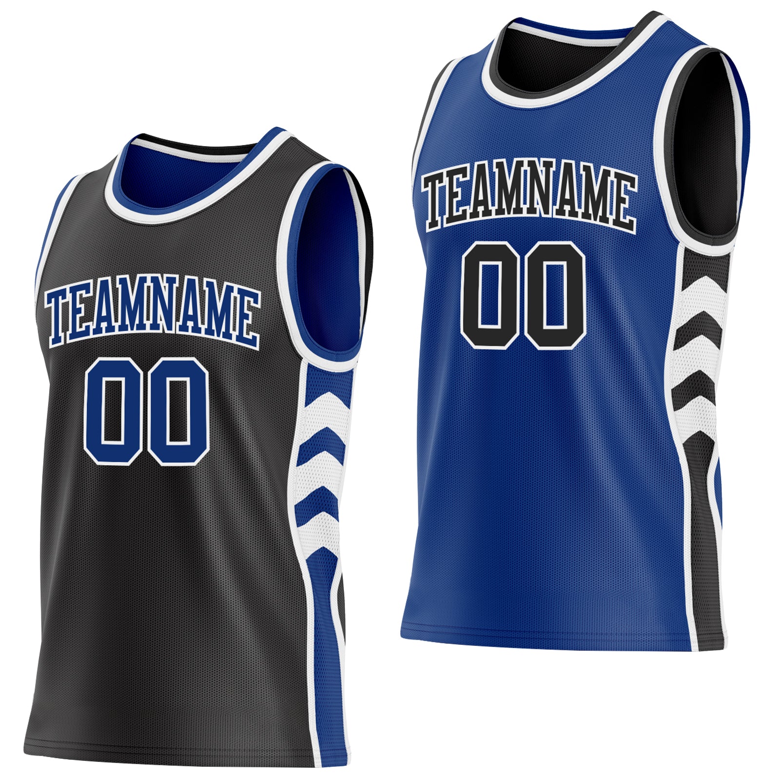 Custom Black Royal-White Side Panel Geometric Chevron Reversible Double Side Sublimation Basketball Set Jersey