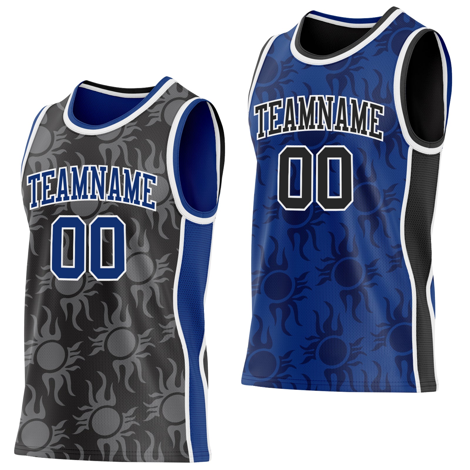 Custom Black Royal-White Side Panel Stripe Sun Flame Reversible Double Side Sublimation Basketball Set Jersey