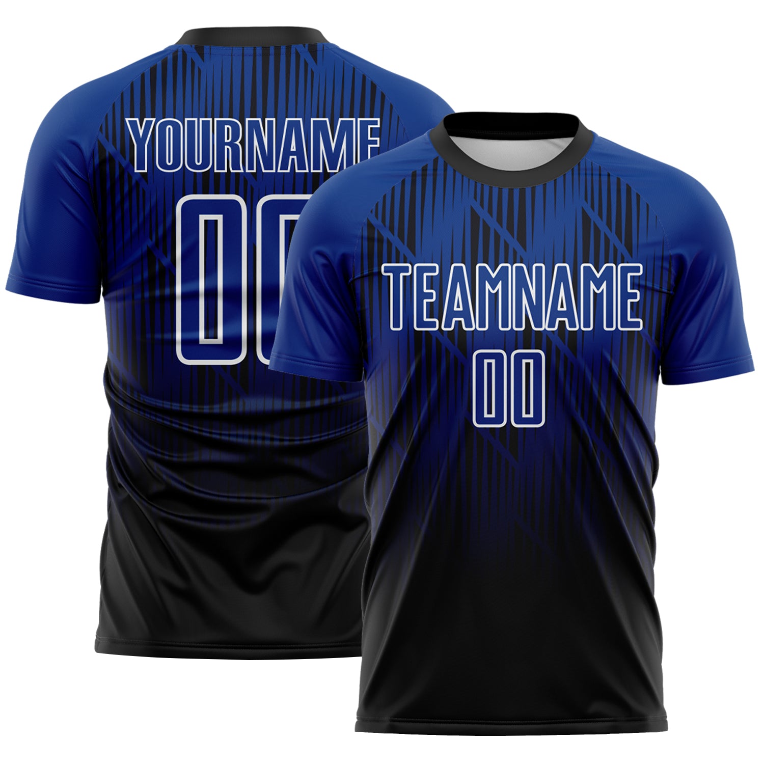 Custom Black Royal-White Spiked Sharp Lines Gradient Sublimation Soccer Uniform Jersey
