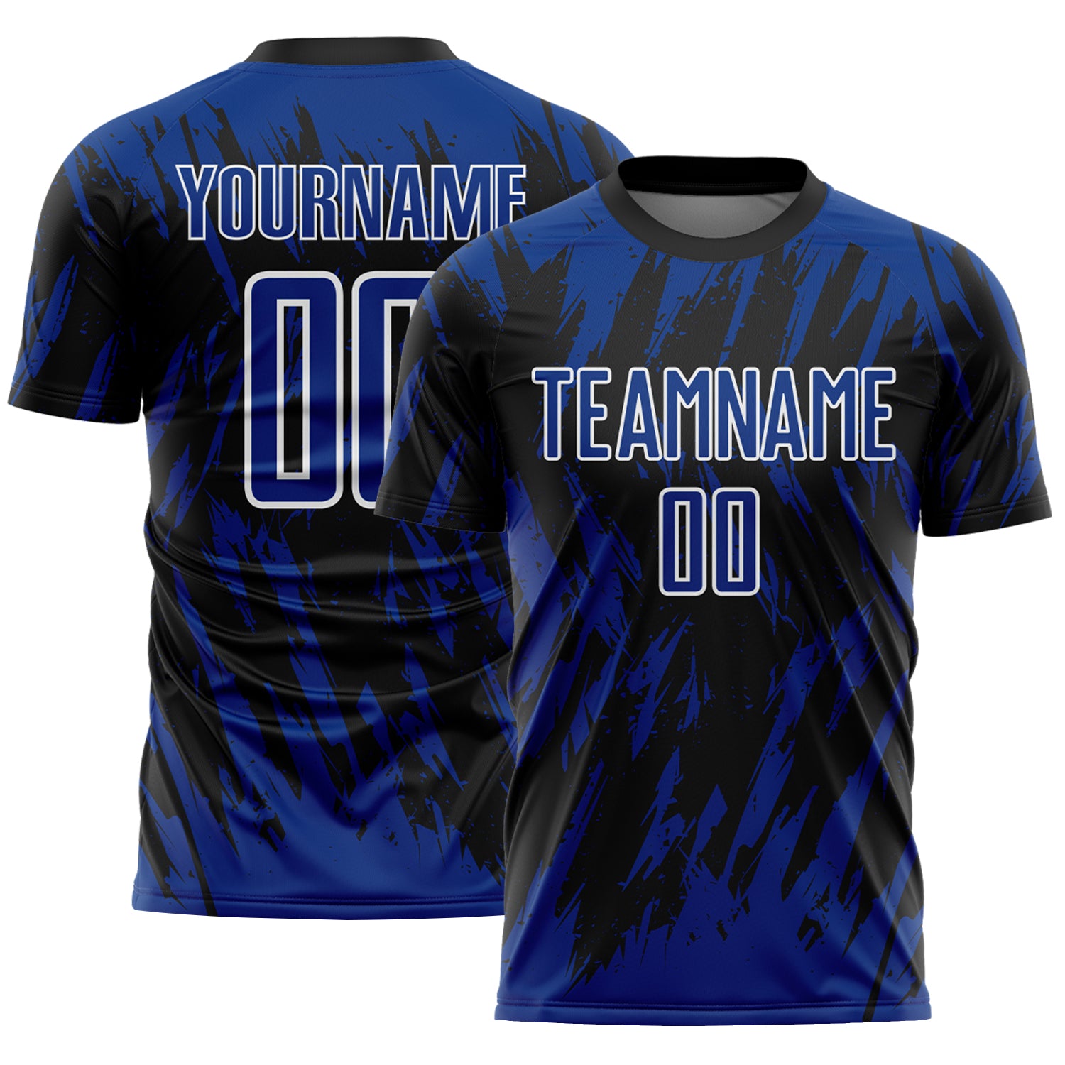 Custom Black Royal-White Splatter Torn Sharp Brush Stroke Sublimation Soccer Uniform Jersey