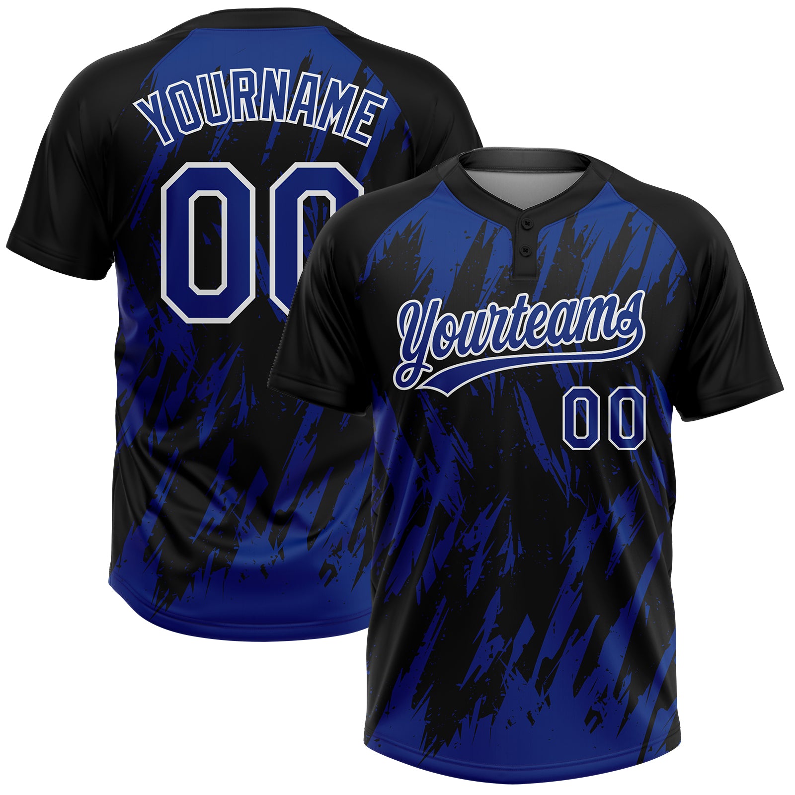 Custom Black Royal-White Splatter Torn Sharp Brush Stroke Two-Button Unisex Softball Jersey