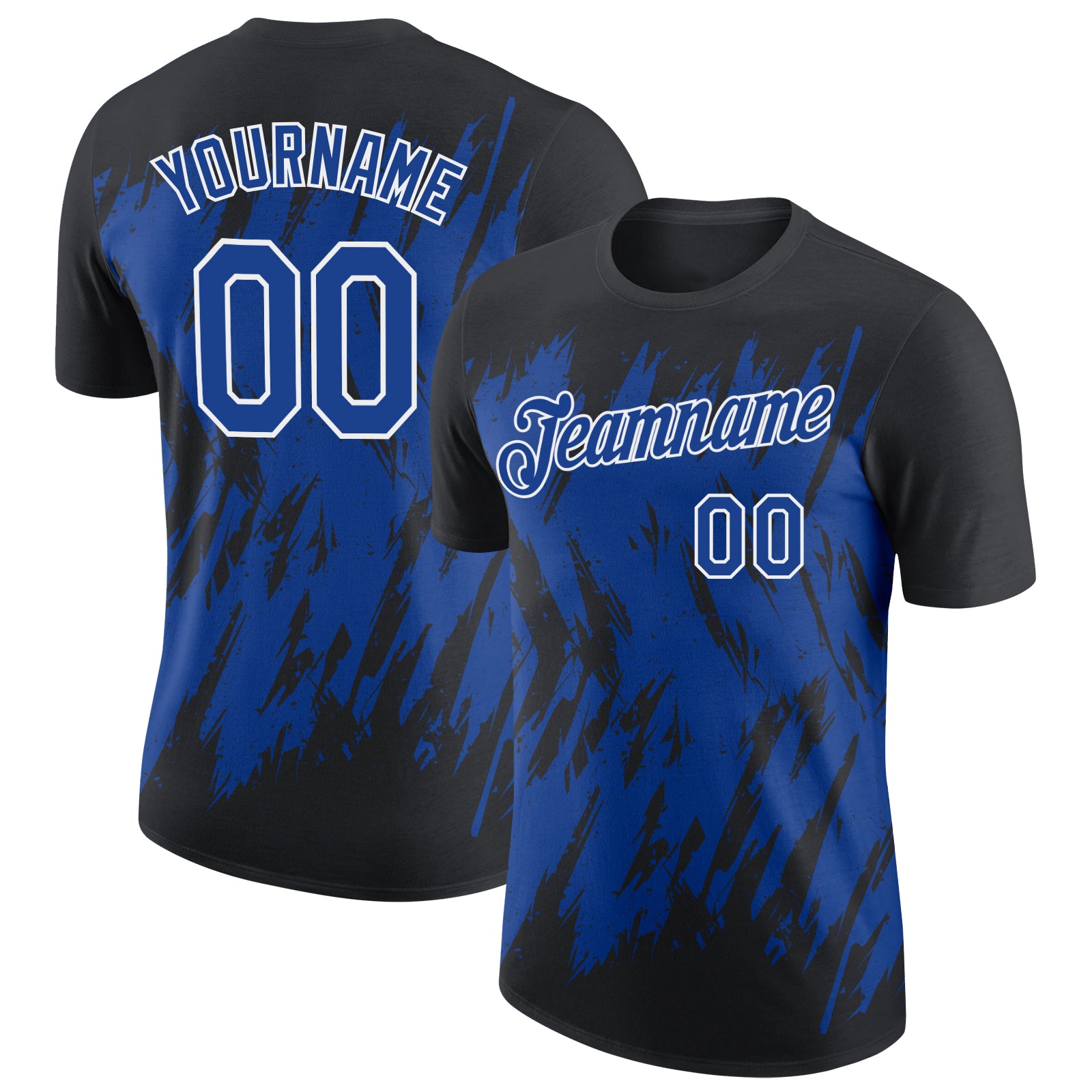 Custom Black Royal-White Torn Sharp Brush Stroke Splatter Performance T-Shirt