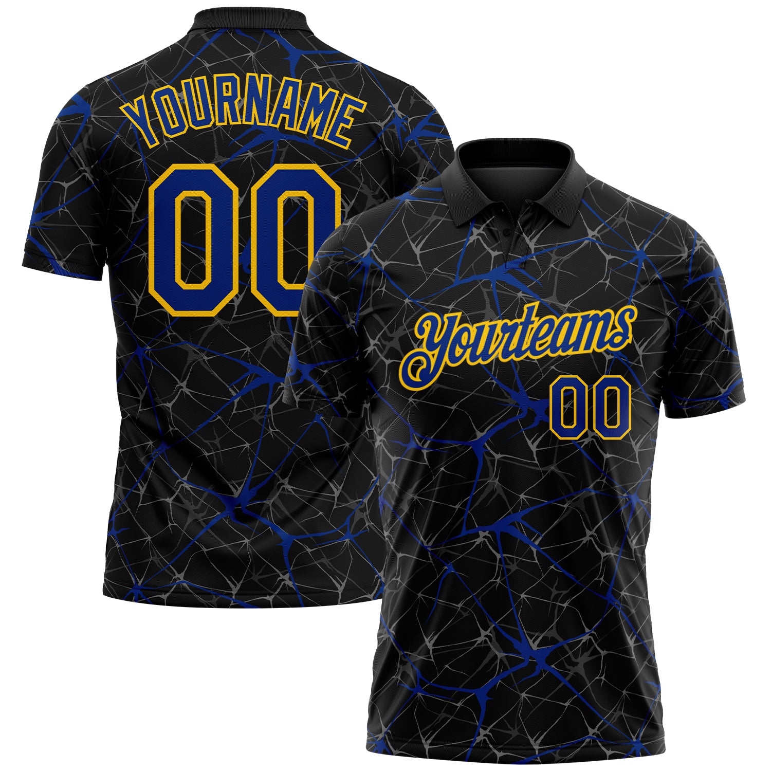 Custom Black Royal-Yellow 3D Pattern Abstract Network Crackle Performance Polo Shirt