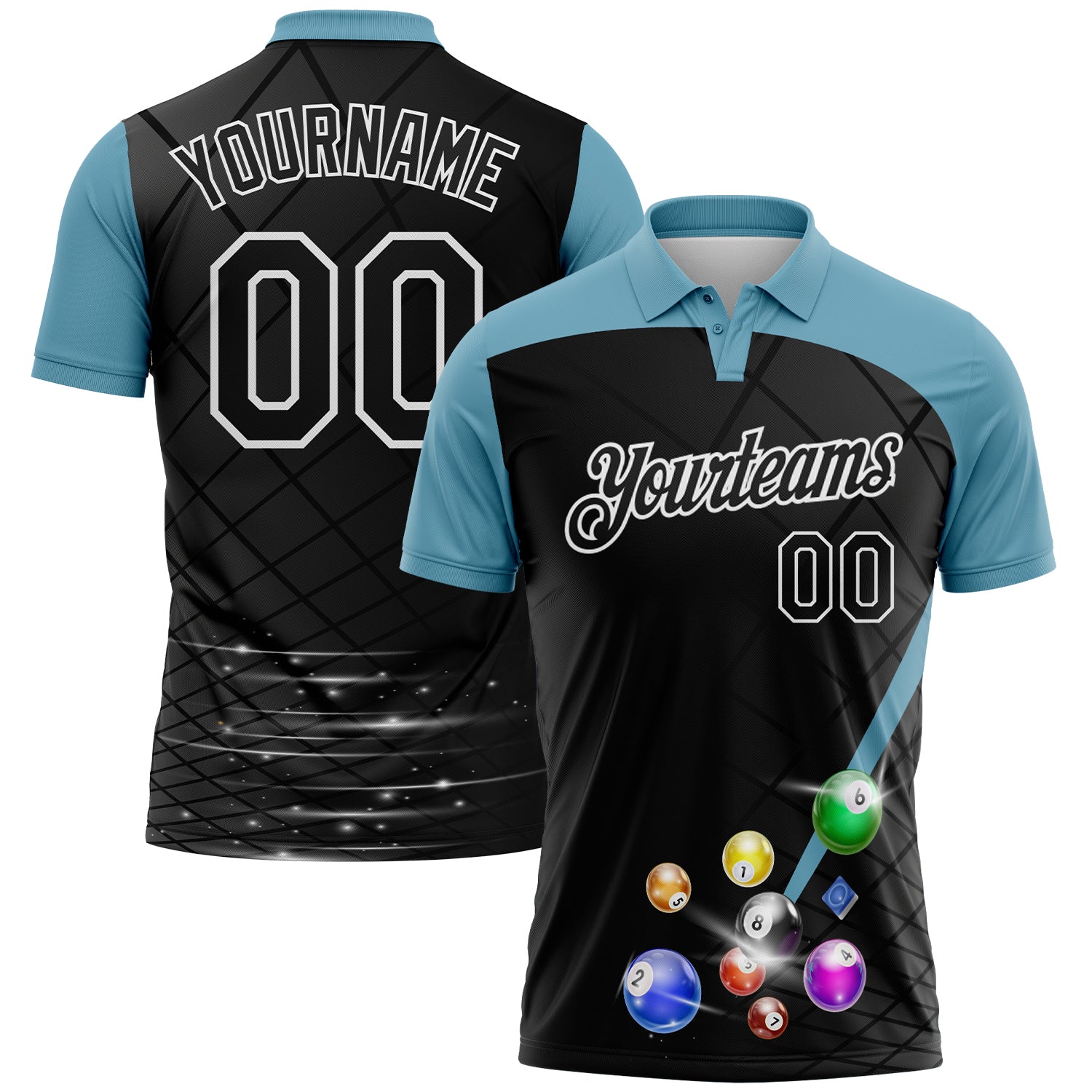 Custom Black Shadow Blue-White Billiard Balls Performance Polo Shirt