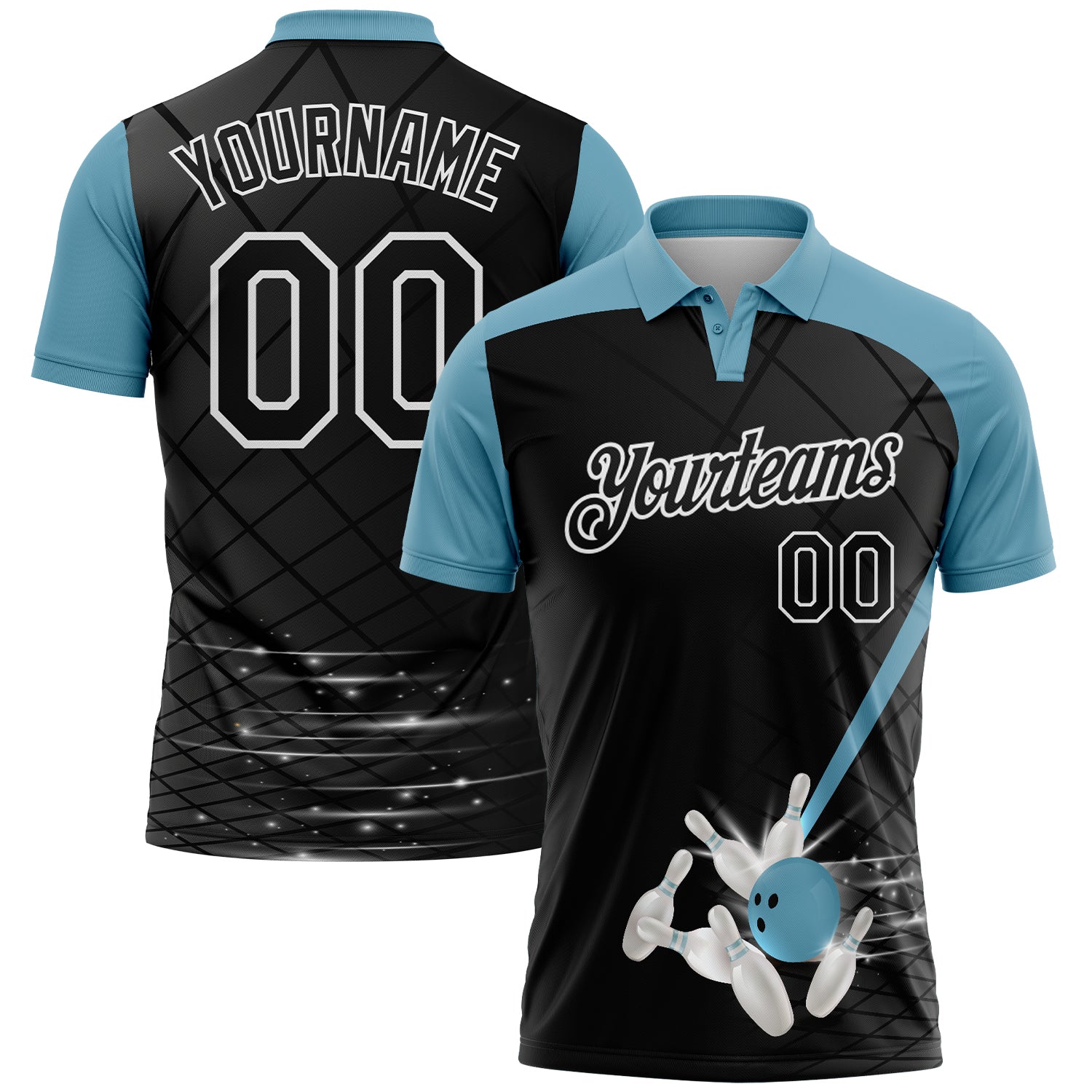 Custom Black Shadow Blue-White Bowling Geometric Grid Performance Polo Shirt