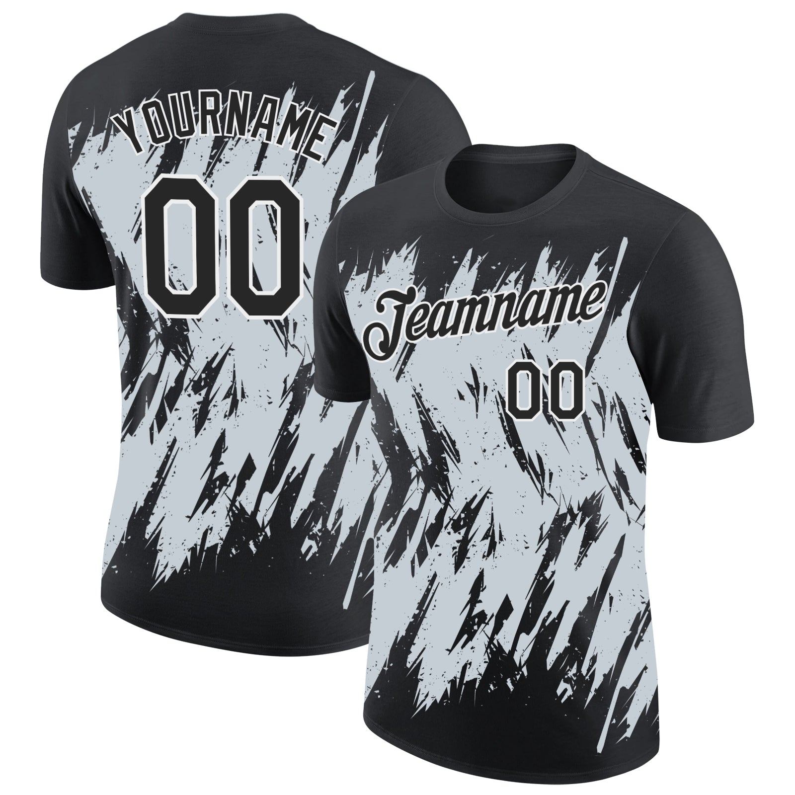 Custom Black Silver-White Torn Sharp Brush Stroke Splatter Performance T-Shirt