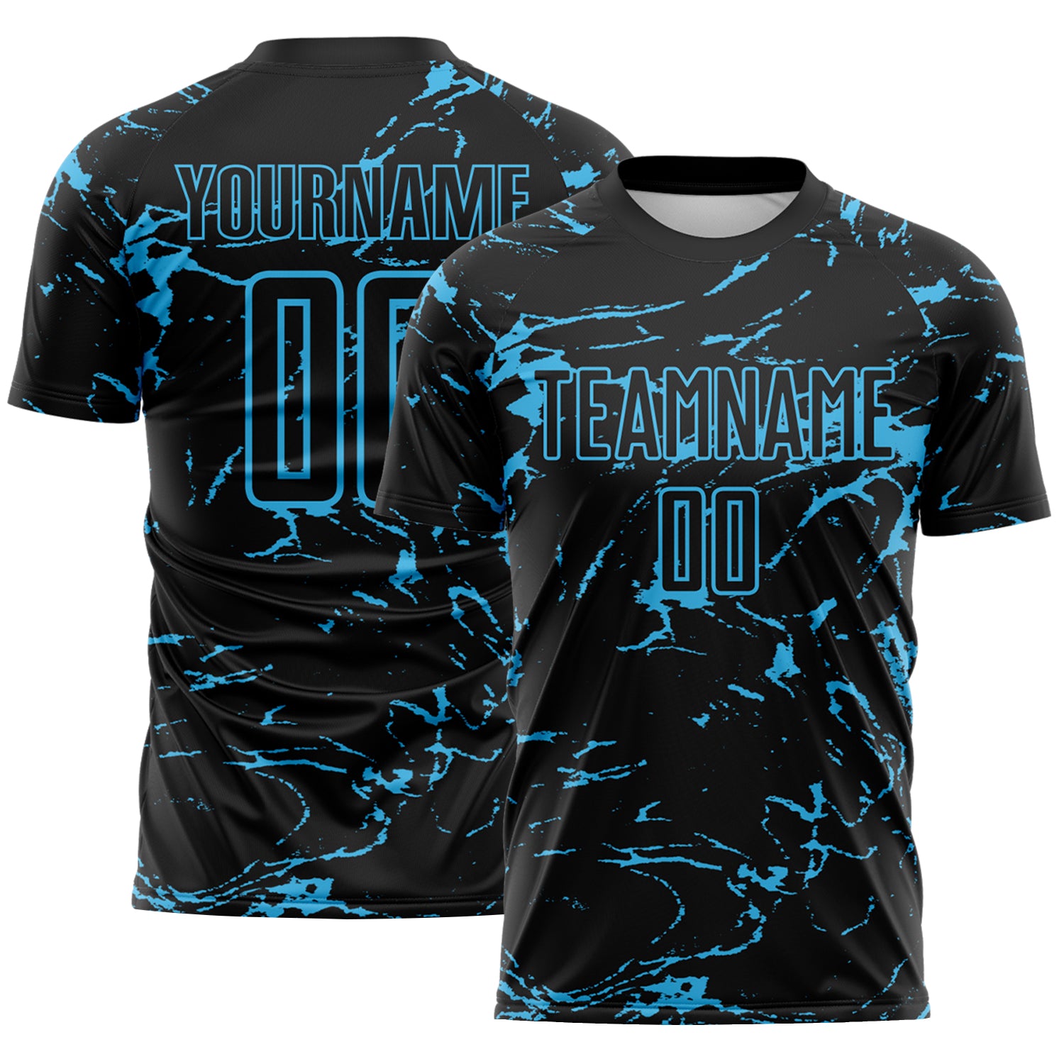 Custom Black-Sky Blue Abstract Fluid Marble Sublimation Soccer Uniform Jersey