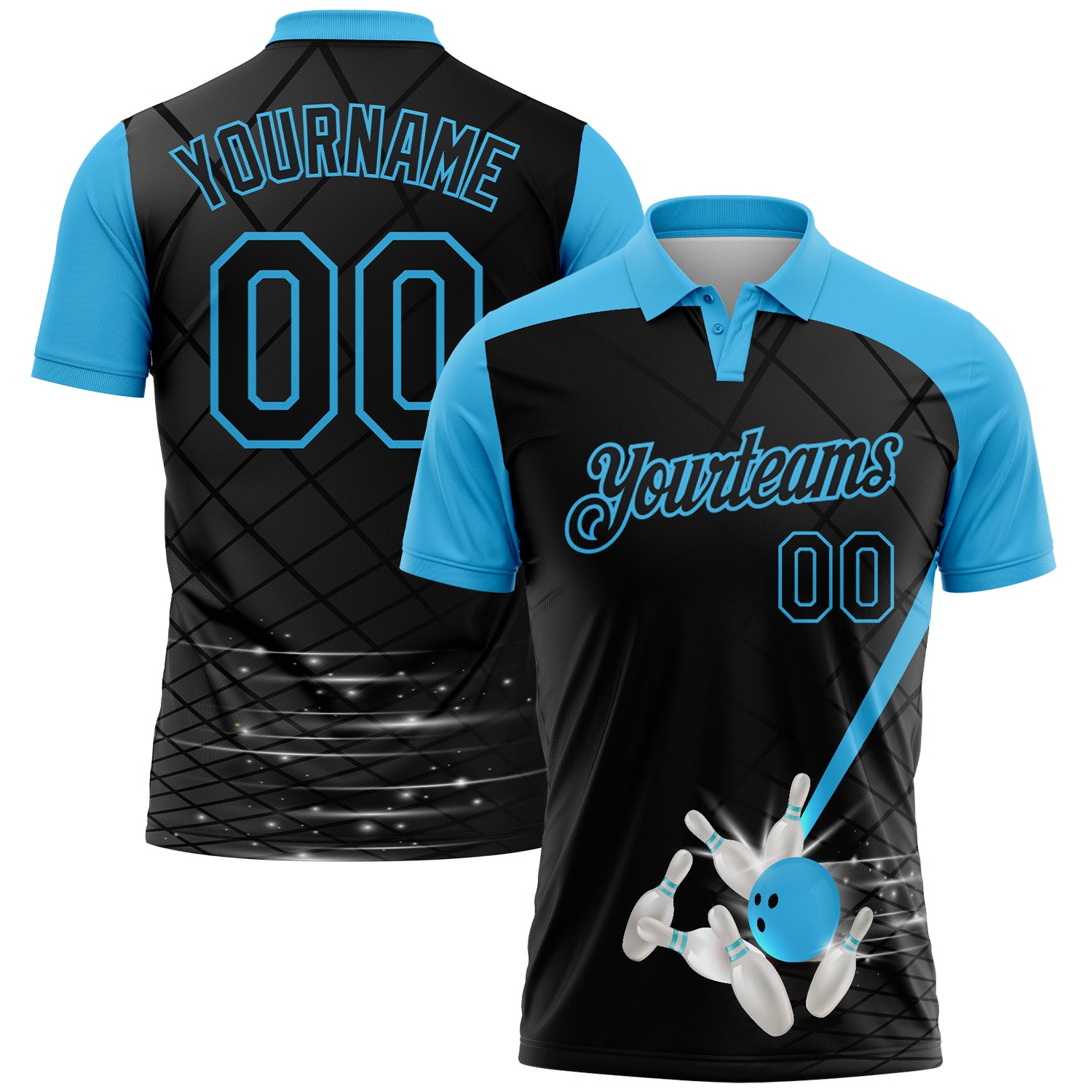 Custom Black-Sky Blue Bowling Geometric Grid Performance Polo Shirt