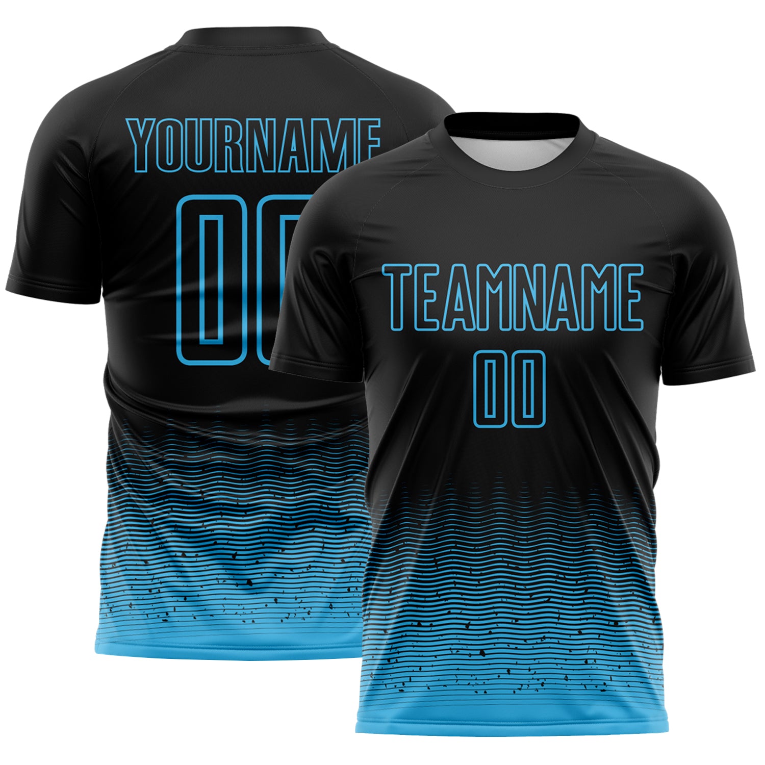 Custom Black-Sky Blue Fade Wave Lines Splatter Sublimation Soccer Uniform Jersey