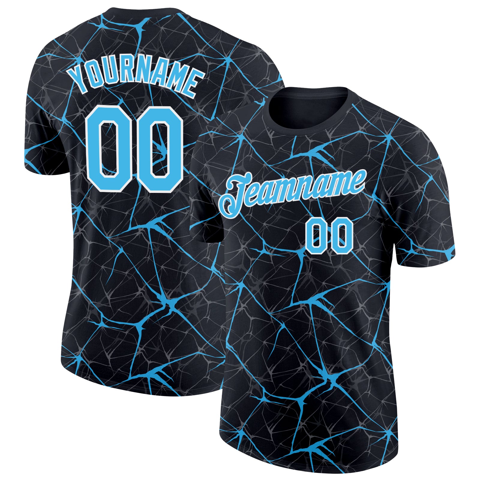 Custom Black Sky Blue Gray-White Abstract Network Crackle Performance T-Shirt