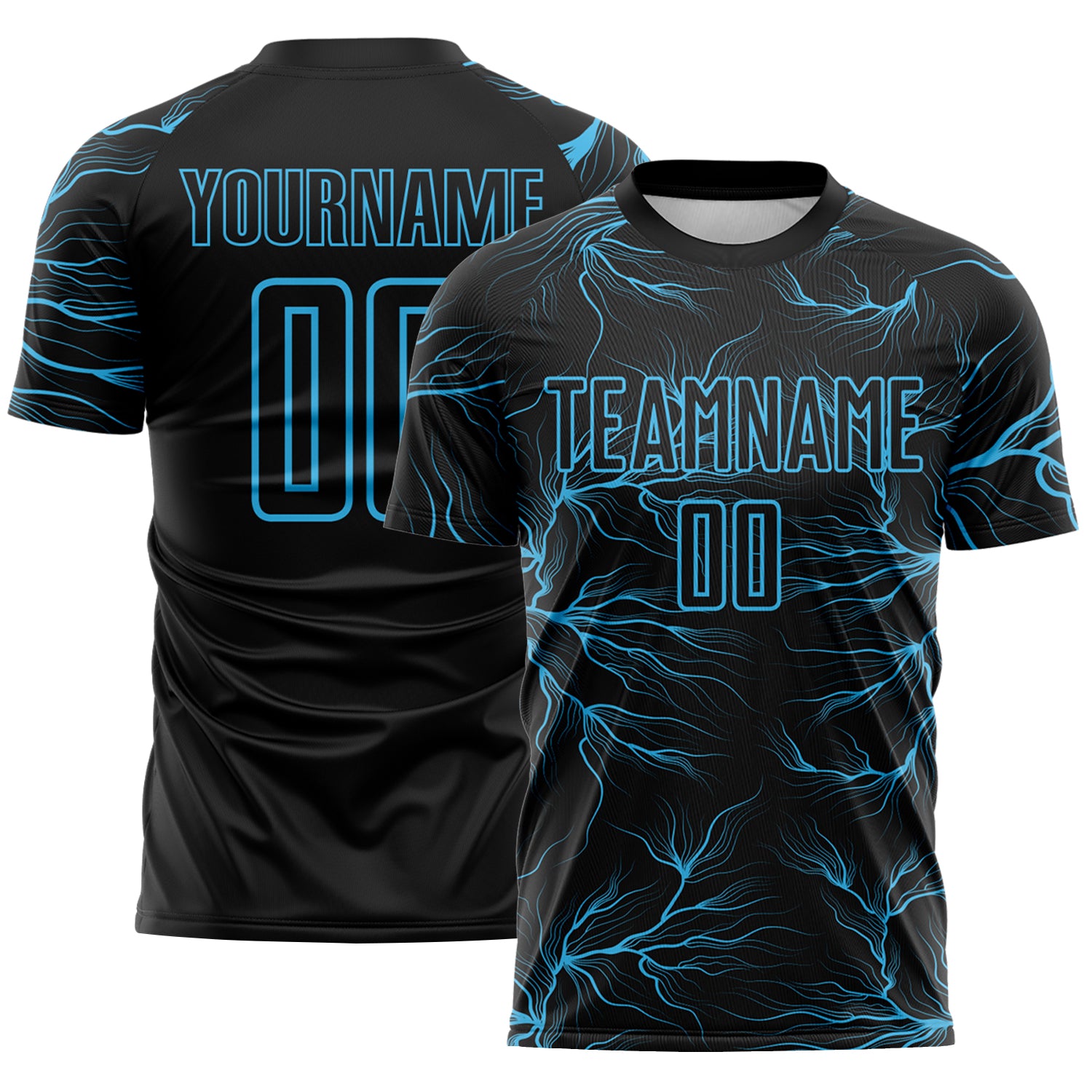 Custom Black Sky Blue Lightning Electric Veins Sublimation Soccer Uniform Jersey