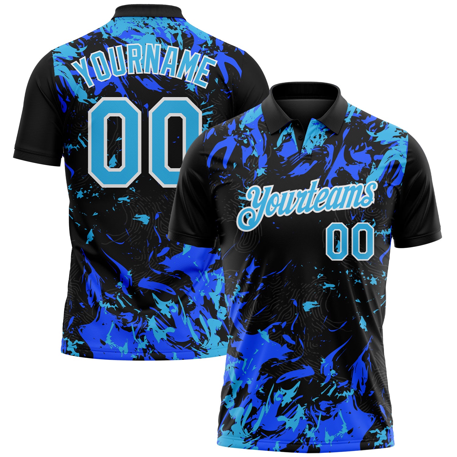 Custom Black Sky Blue Royal-White Dynamic Splatter Brush Stroke Performance Polo Shirt