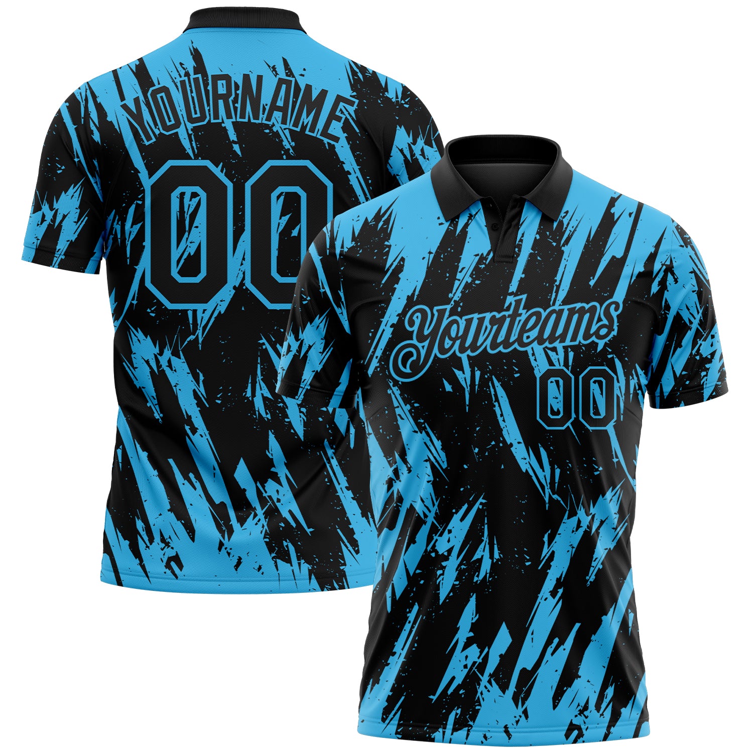 Custom Black-Sky Blue Torn Sharp Brush Stroke Splatter Performance Polo Shirt