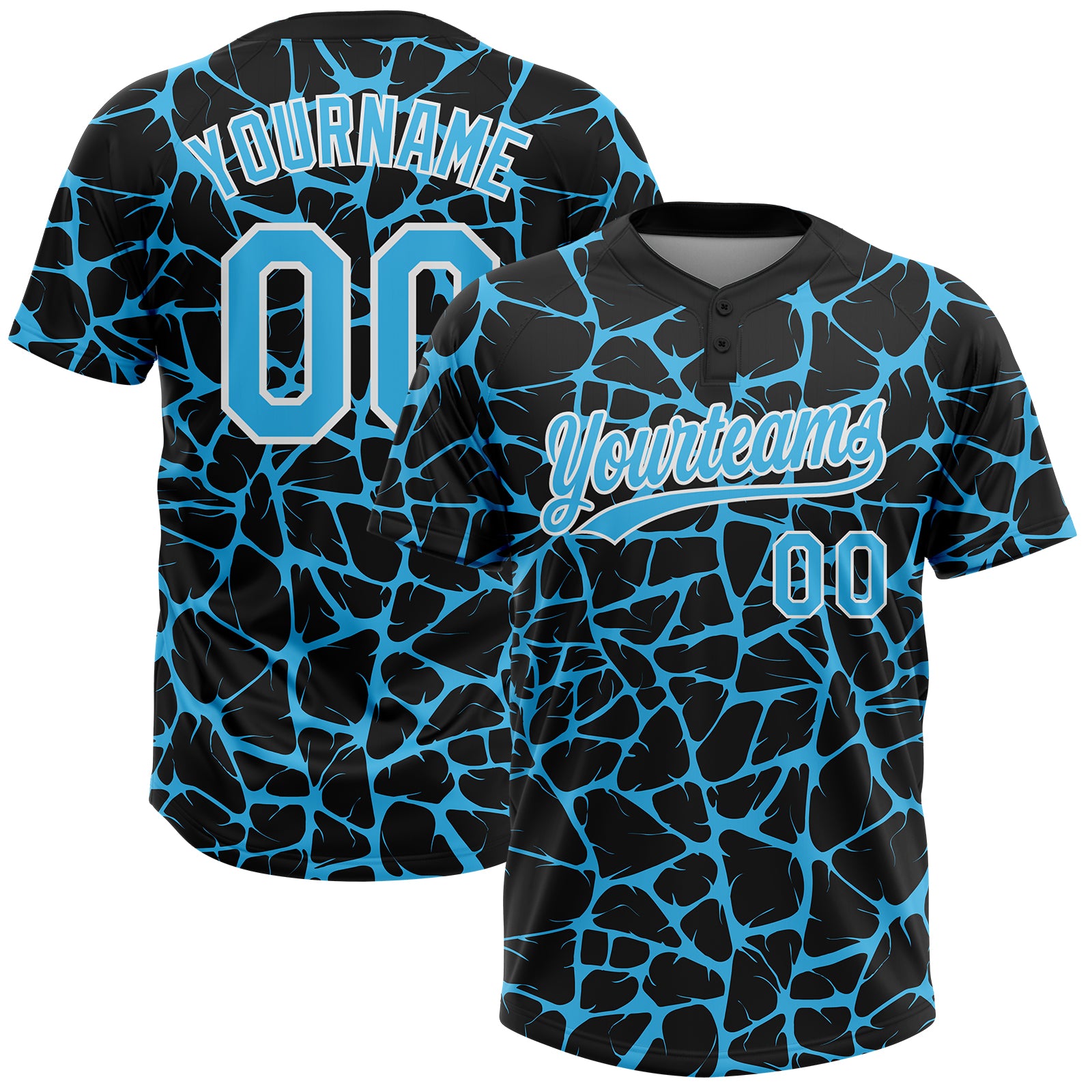Custom Black Sky Blue-White 3D Pattern Design Abstract Network Crackle Two-Button Unisex Softball Jersey