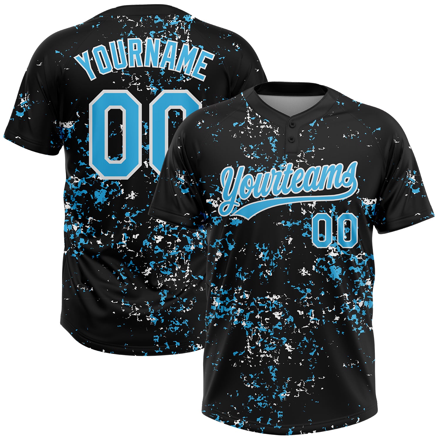 Custom Black Sky Blue-White Abstract Shattered Paint Splatter Two-Button Unisex Softball Jersey