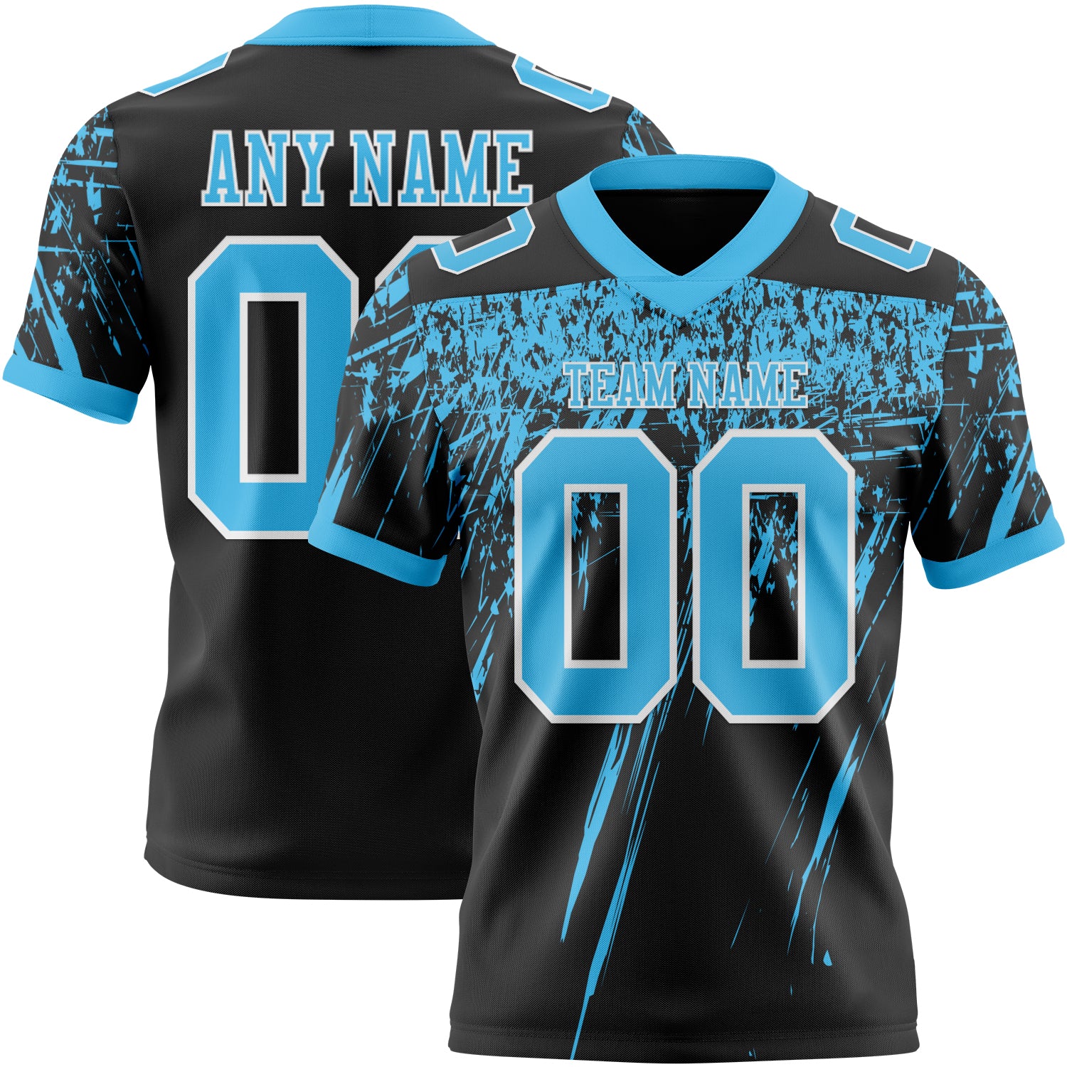 Custom Black Sky Blue-White Authentic Distressed Scratch Brush Stroke Football Jersey