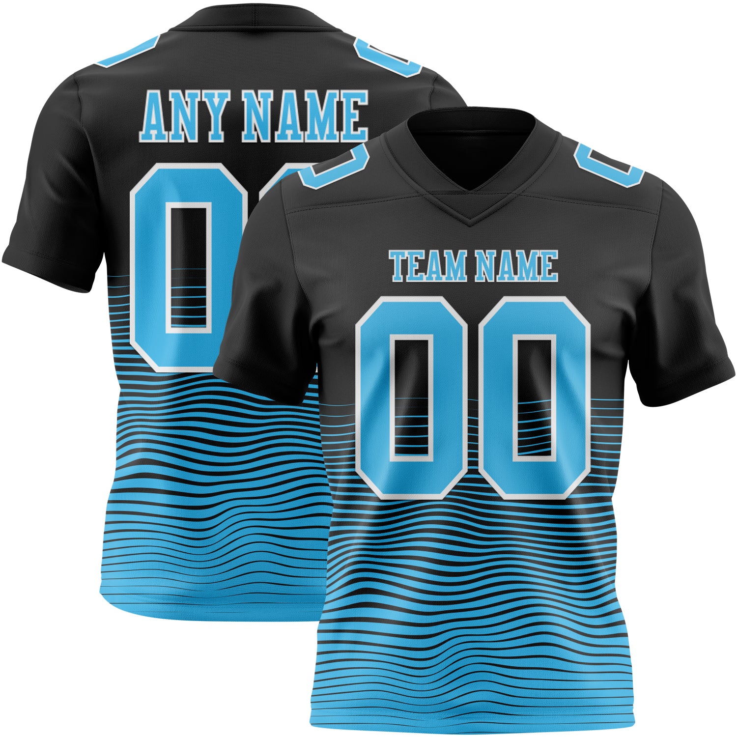 Custom Black Sky Blue-White Authentic Fluid Wave Line Fade 7V7 Flag Football Jersey