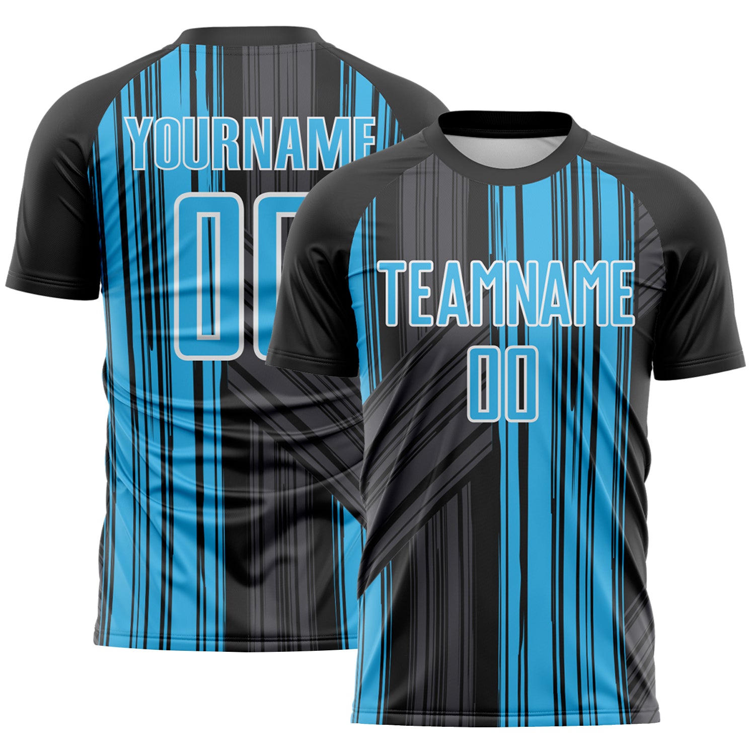 Custom Black Sky Blue-White Brush Stroke Fluid Stripes Sublimation Soccer Uniform Jersey