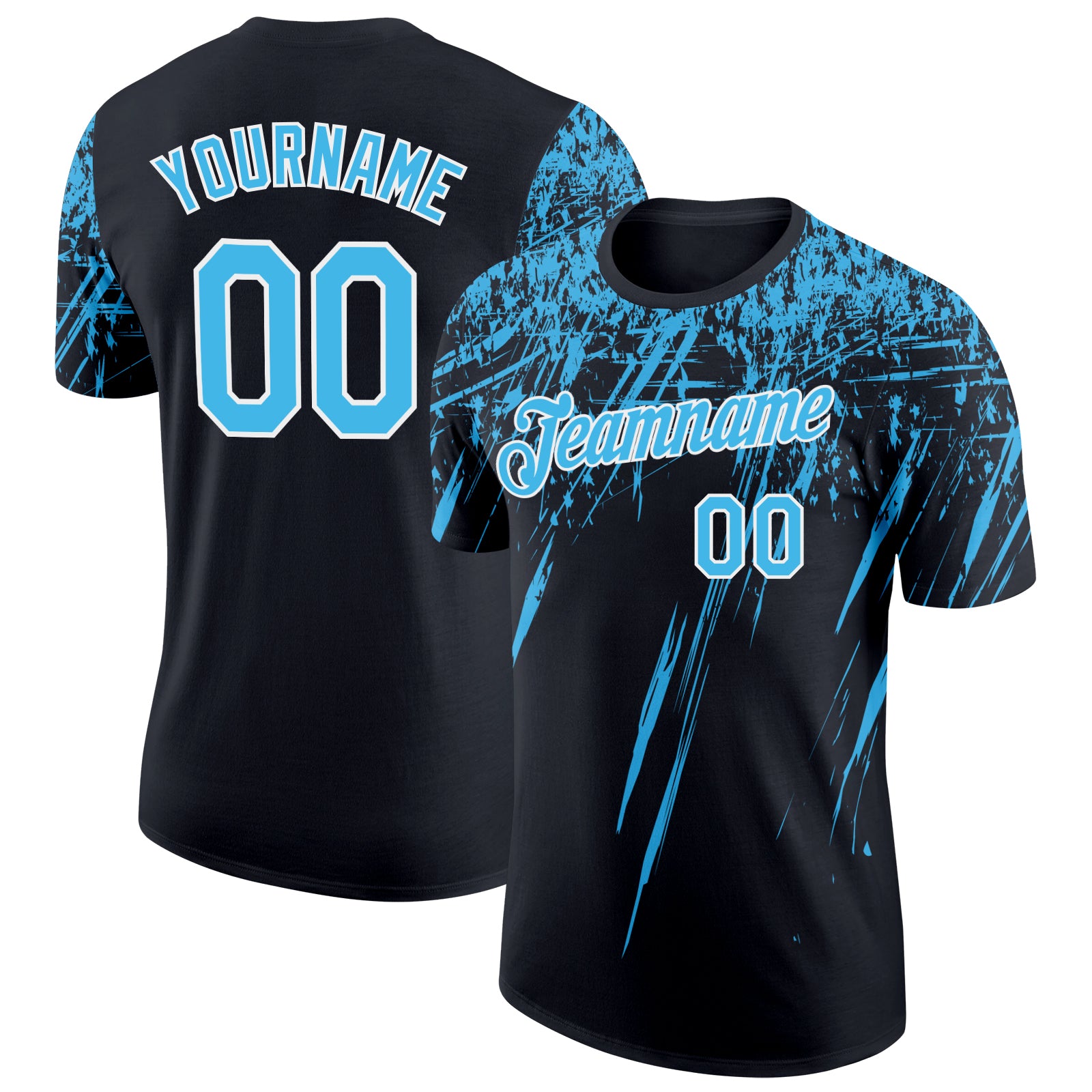 Custom Black Sky Blue-White Distressed Scratch Brush Stroke Performance T-Shirt