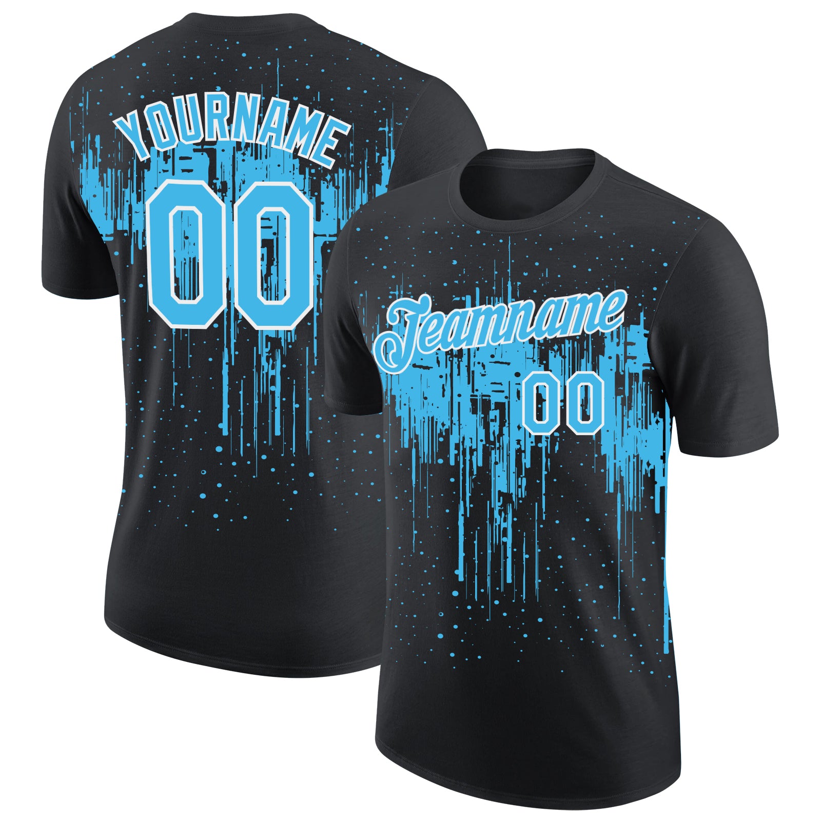 Custom Black Sky Blue-White Dripping Splatter Paint Performance T-Shirt