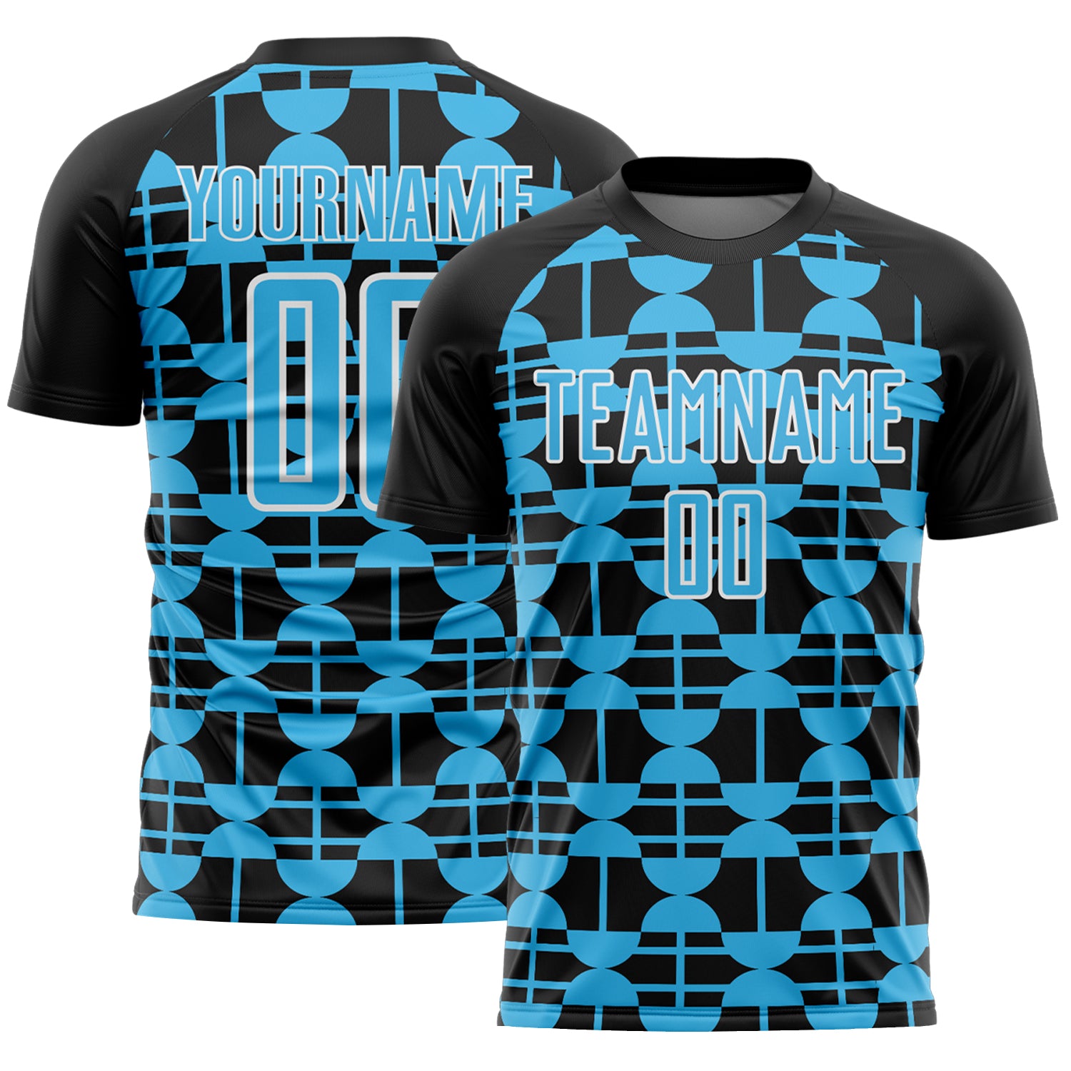 Custom Black Sky Blue-White Geometric Shapes Sports Sublimation Soccer Uniform Jersey