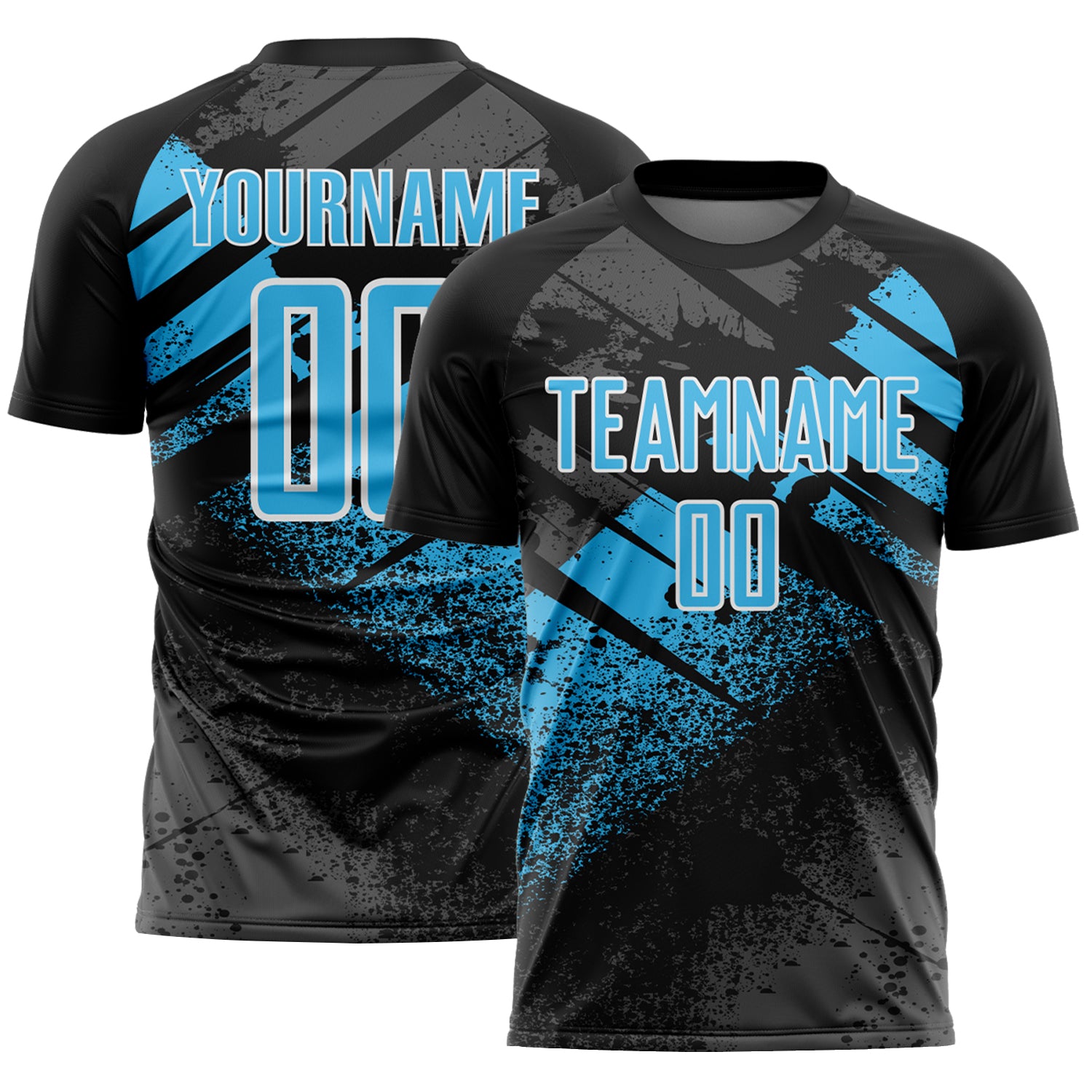 Custom Black Sky Blue-White Grunge Splatter Brush Stroke Sublimation Soccer Uniform Jersey