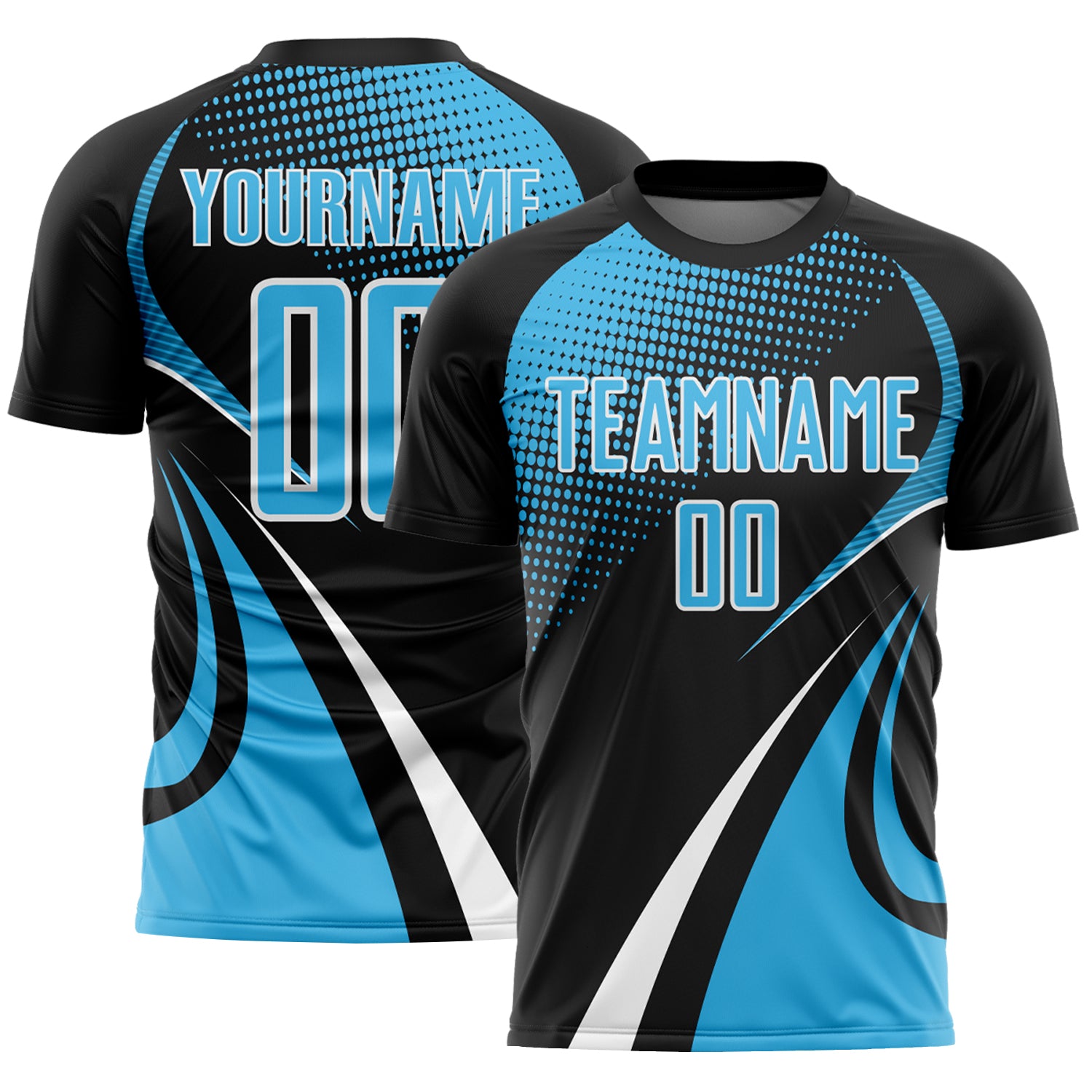 Custom Black Sky Blue-White Halftone Dot Dynamic Curve Stripe Sublimation Soccer Uniform Jersey