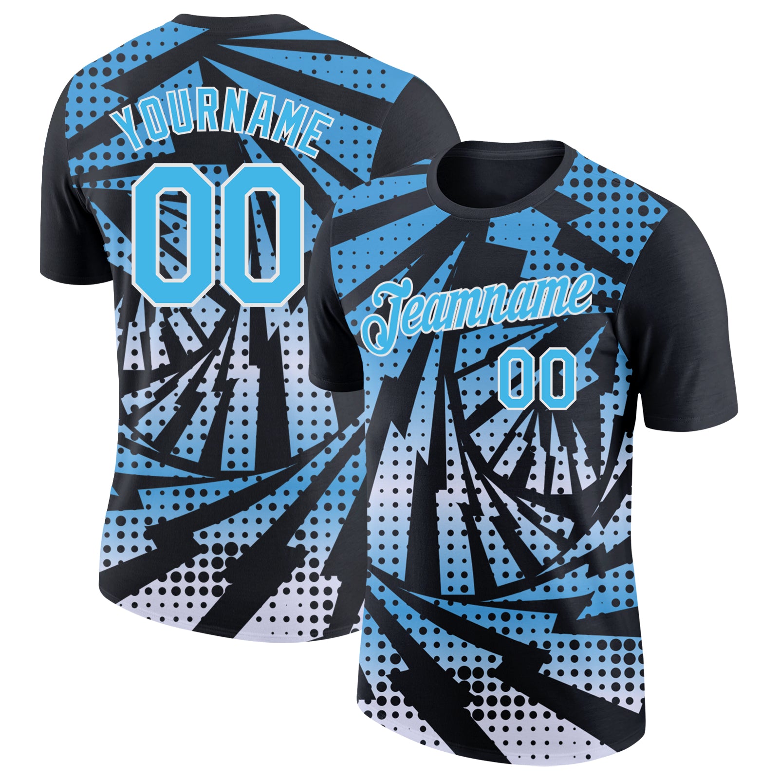 Custom Black Sky Blue-White Lightning Gradient Dot Performance T-Shirt